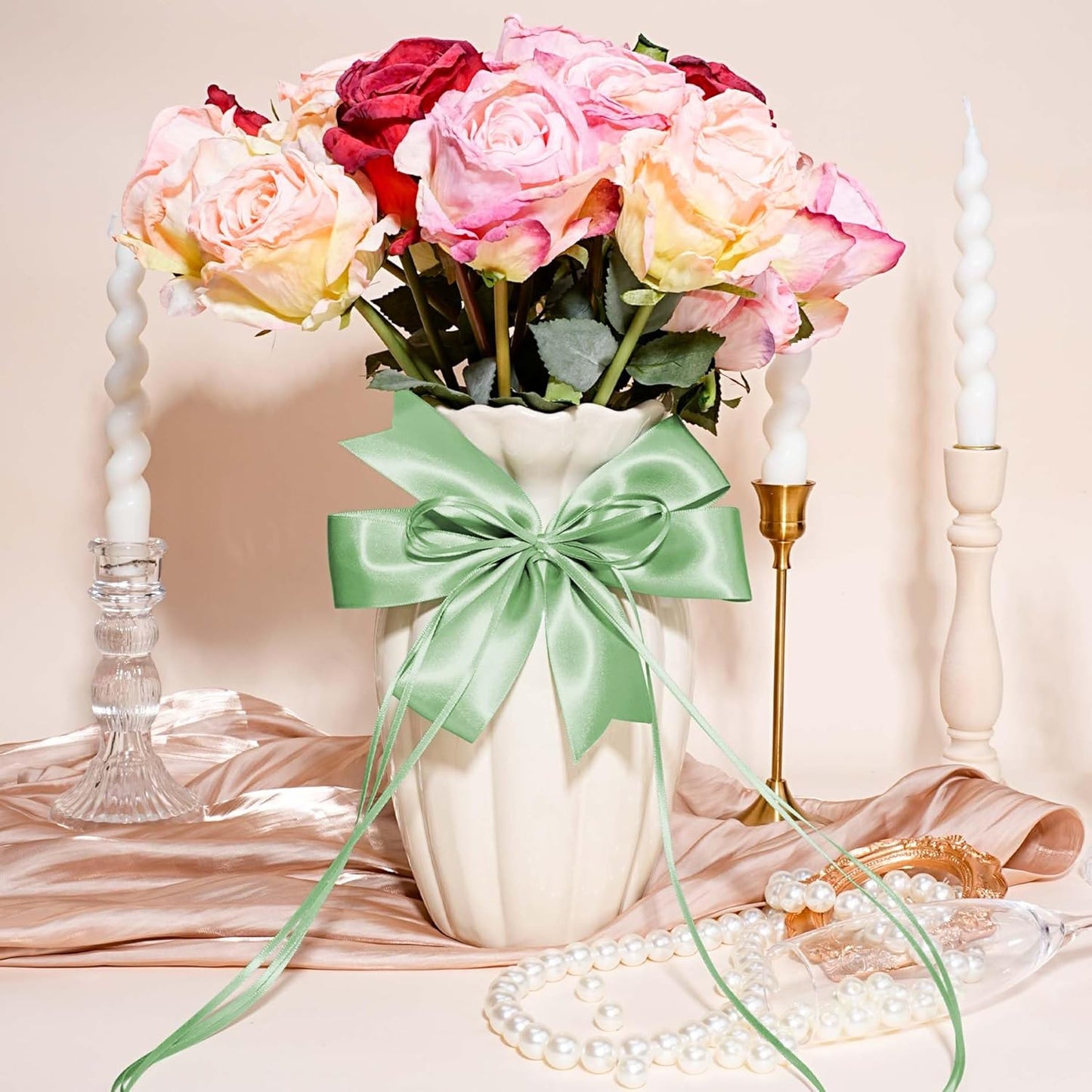 LaRibbons Sage Green Ribbon 1 1/2 Inch 25 Yards Luxury Double Faced Green Silk Ribbon for Flower Bouquet Crafts Gift Wrapping Wedding Party Decoration