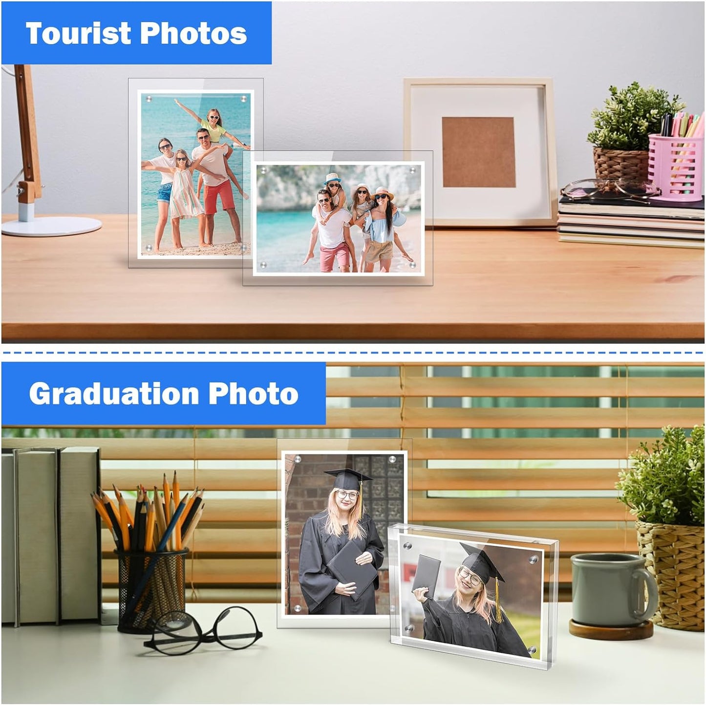 5×7 Inches Acrylic Picture Frame (3 Pack)，Clear Magnetic Picture Frame for Wedding，Double Sided Frameless Photo Frame for Desktop Free Standing， Display Stand Picture Frames