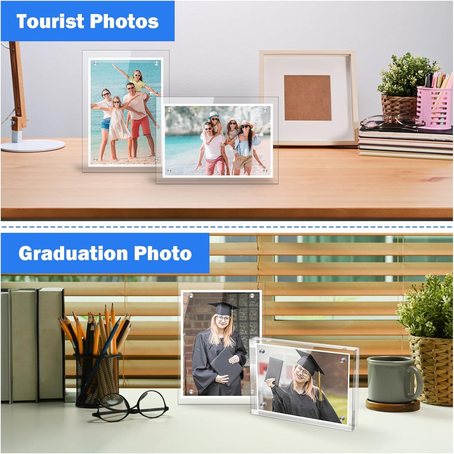 Small 2.5×3.5 Inches Acrylic Wallet Size Picture Frame,Clear Magnetic Picture Frame for Wedding，Double Sided Frameless Photo Frame for Desktop Free Standing,Display Stand Photo Frame