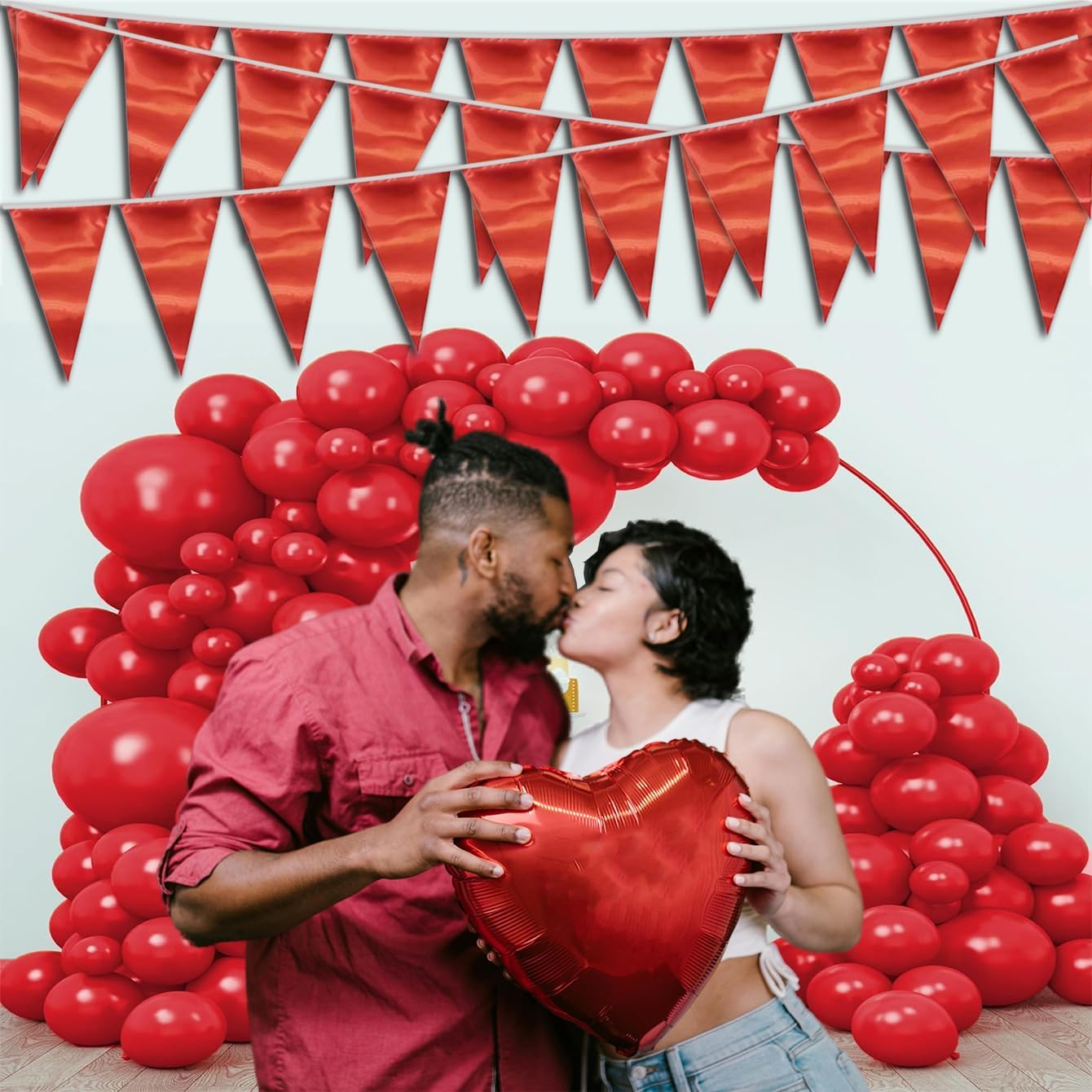 40M/130FT Red Triangle Pennant Banner Flag Metallic Fabric Bunting Garland for Christmas Graduation Wedding Engagement Anniversary Bachelorette Birthday Bridal Shower Valentines Hen Party Supplies