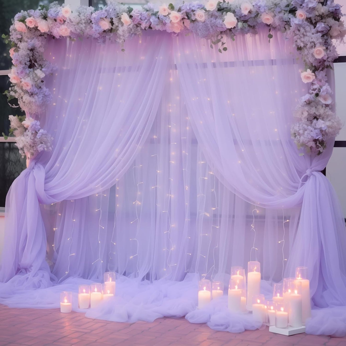 20×10ft Purple Tulle Backdrop Curtain with Lights String for Parties, Sheer Photo Backdrop Curtains for Wedding Party Photography Background