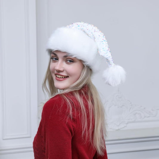 Personalized Sequin Santa Hat for Adults, Red Glitter Christmas Party Hat, Xmas Halloween New Year Holiday Headwear