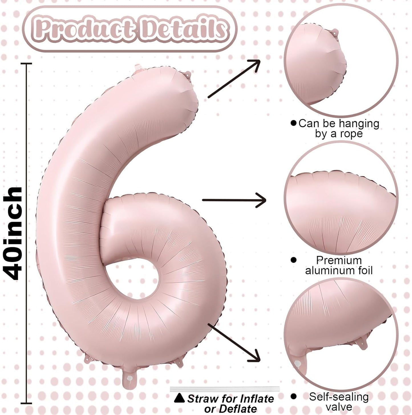 Light Pink Number Balloon 6, 40 Inch Large Self Inflating 6 Foil Number Balloons 0-9, Blush Pastel Pink Digital 6 Helium Balloon for Girls Women 6th Birthday Party Graduation Anniversary Decorations