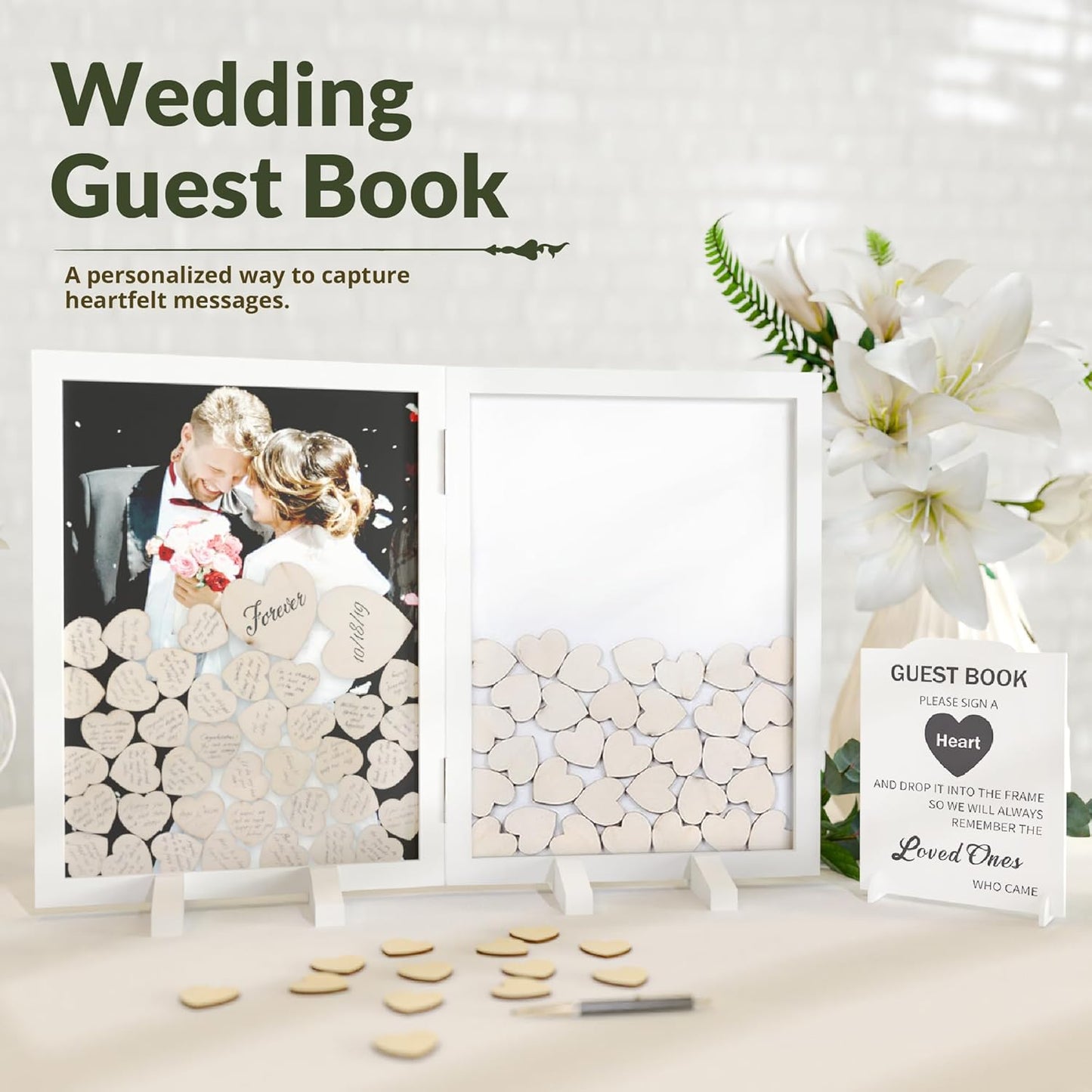 GLM Guest Book Alternative with Sign, 160 Hearts and 4 Large Hearts, Guest Book for Reception, Wedding Decor (White)