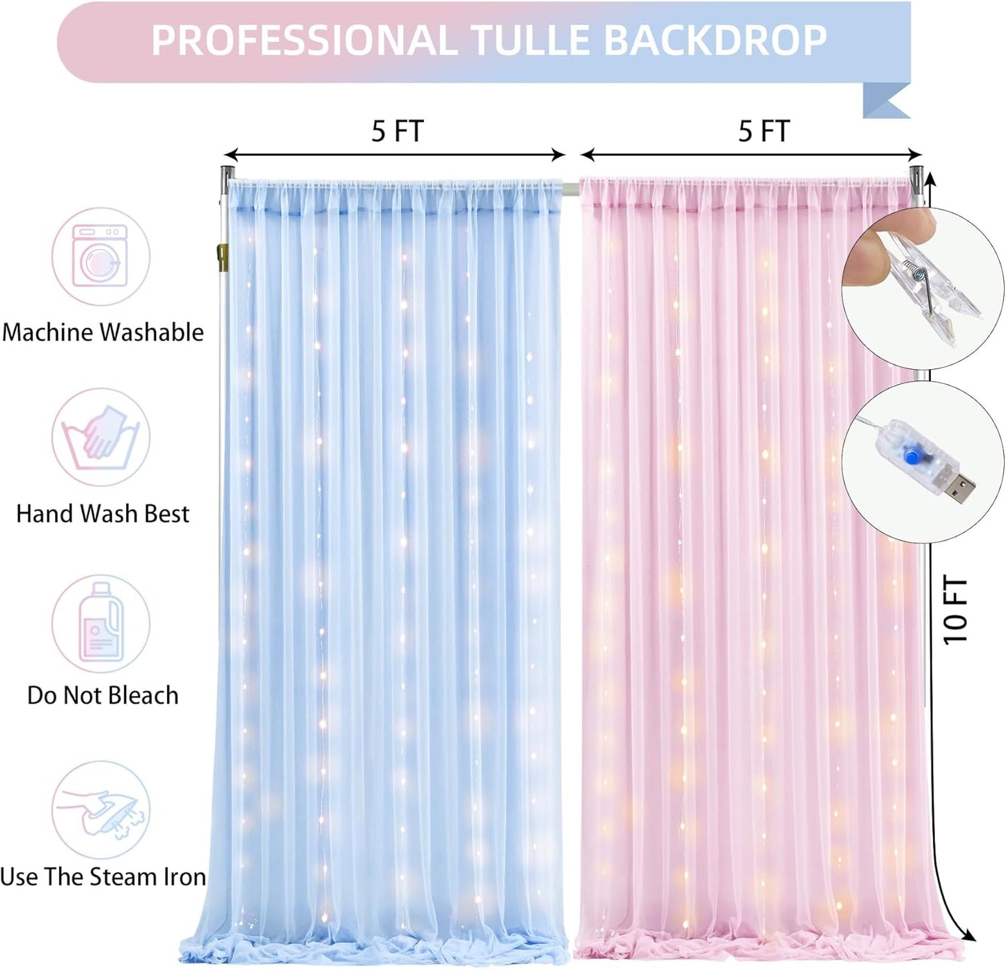 10×10ft Pink Blue Tulle Backdrop Curtain with Lights String for Parties, Sheer Photo Backdrop Curtains for Wedding Party Photography Background