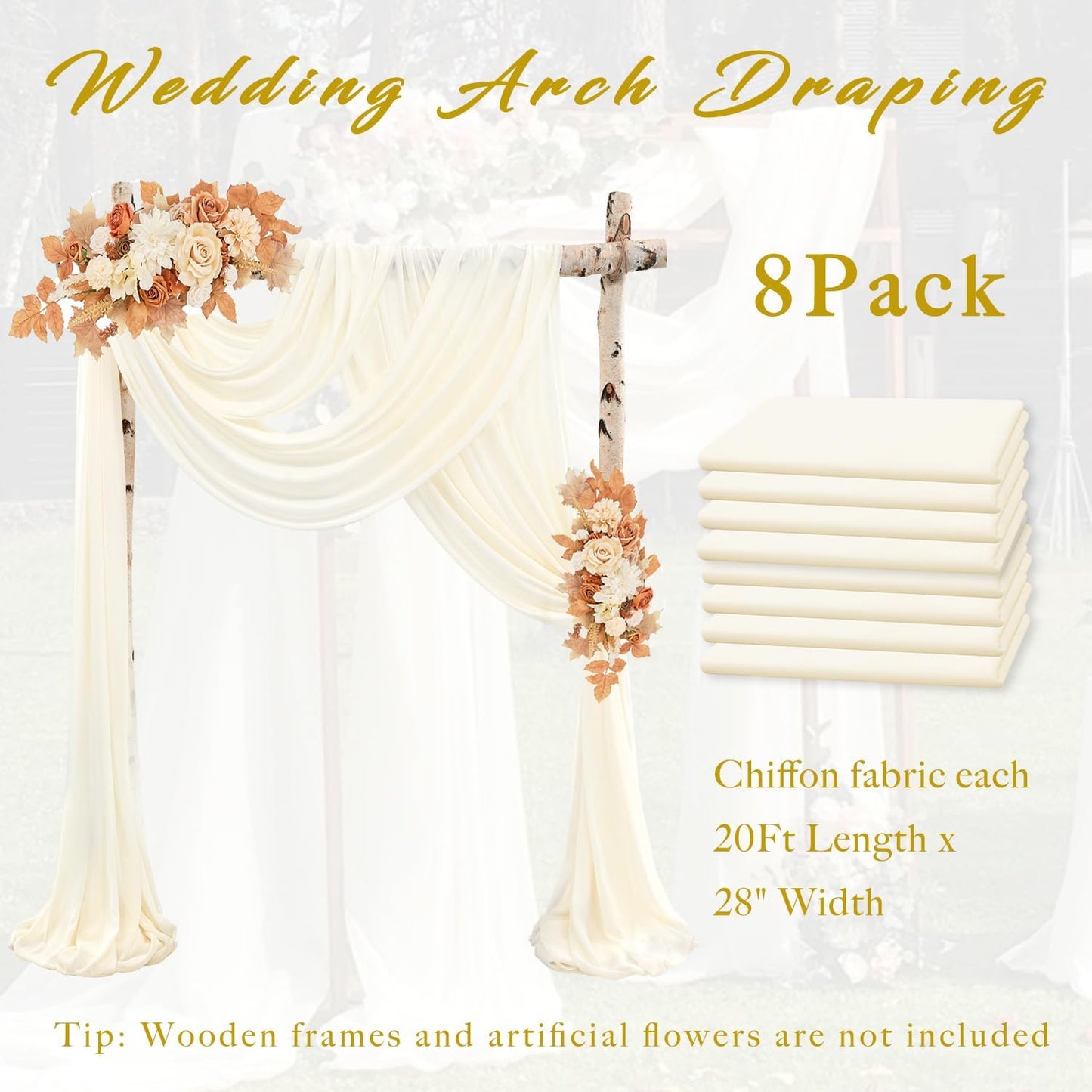 Wedding Arch Draping Fabric 8 Panels 20Ft Length x 28" Width Ivory Arch Drapes Chiffon Fabric Sheer Curtains Backdrop for Party Bridal Ceremony Ceiling Decor Wedding Stage Reception Decorations