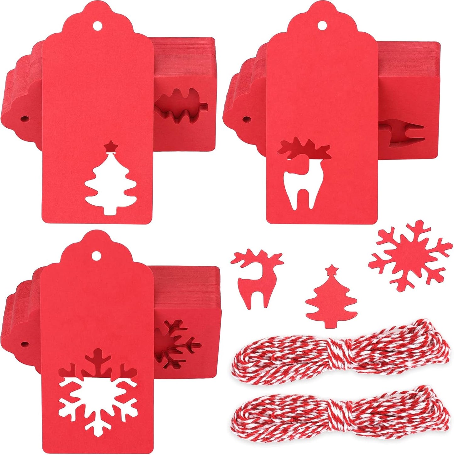 jijAcraft Christmas Gift Tags - 150Pcs Christmas Tags with String, Blank Red Paper Hollow Trees, Rudolph, Snowflake Shapes Holiday Labels for Xmas Party Favors, DIY Crafts, Jar