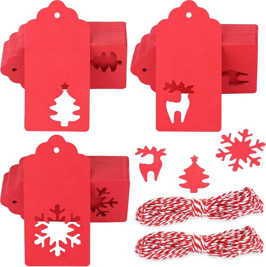 jijAcraft Christmas Gift Tags - 150Pcs Christmas Tags with String, Blank Red Paper Hollow Trees, Rudolph, Snowflake Shapes Holiday Labels for Xmas Party Favors, DIY Crafts, Jar
