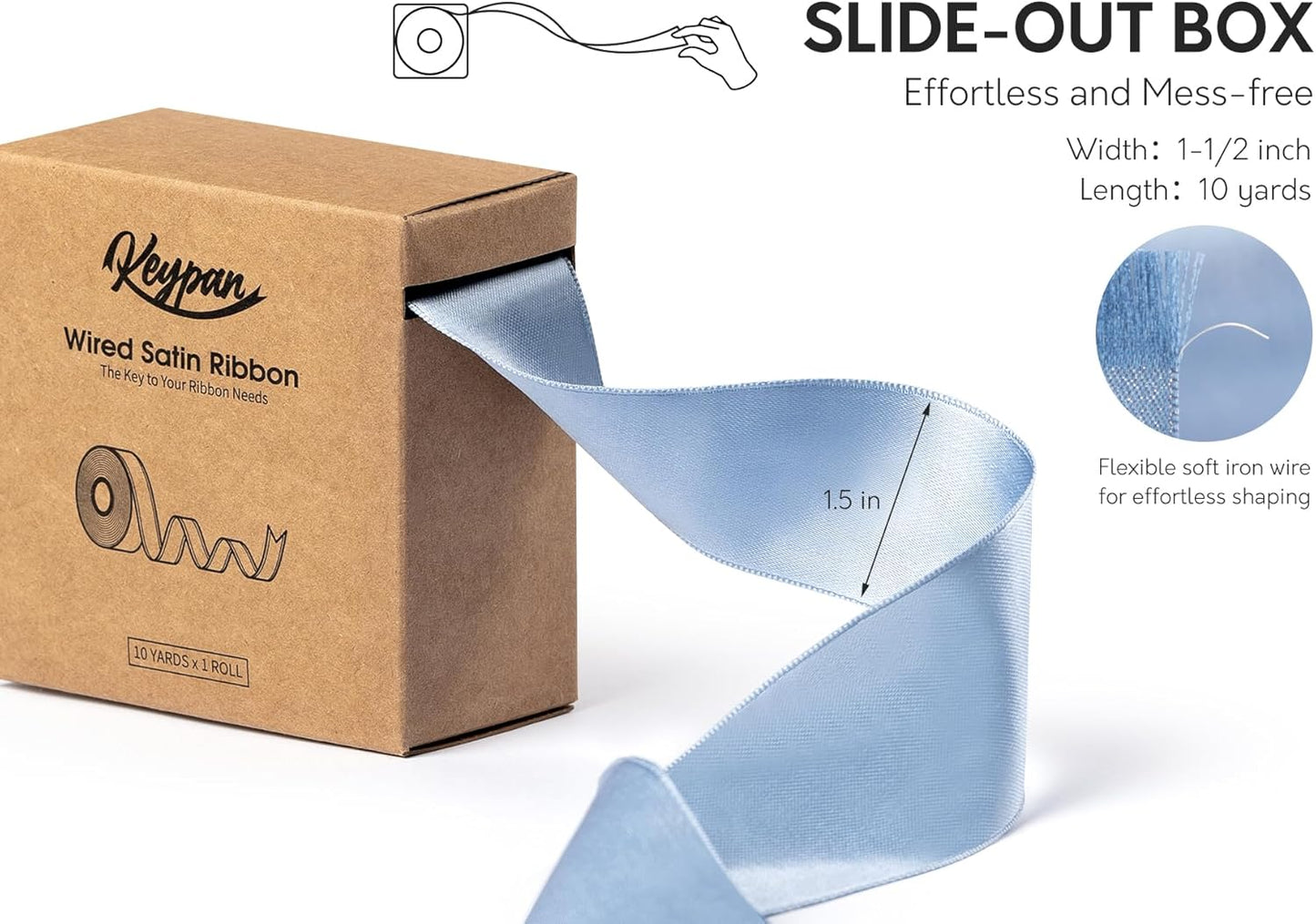 Blue Satin Ribbon Double-Faced Wired Ribbons for Gift Wrapping Flower Bouquet Bows Wedding Invitation Christmas Decor Crafts 1-1/2 Inch 10 Yards