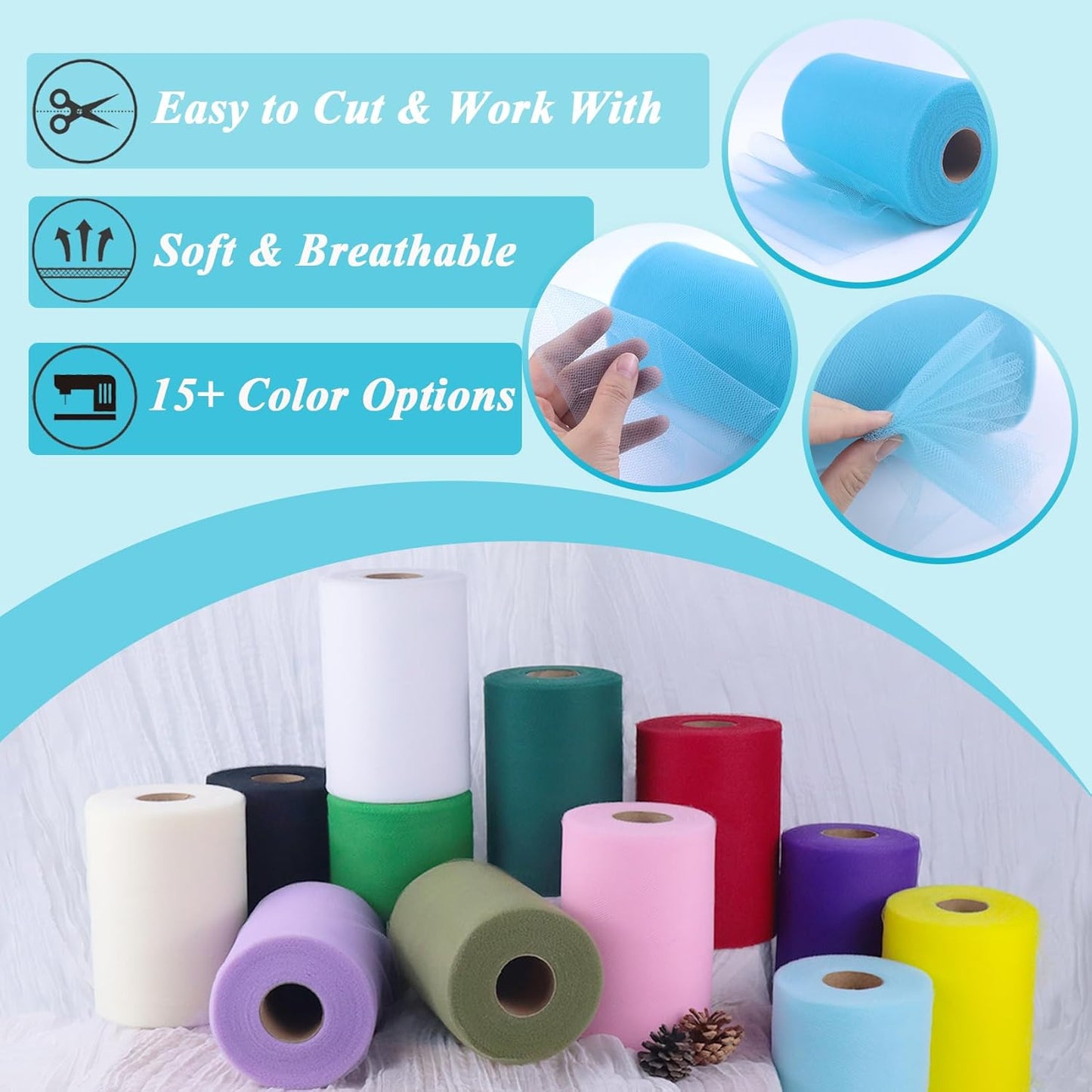 Turquoise Tulle Fabric Roll 6”by 100 Yards (300 ft) Soft Tulle Spool for DIY Crafting Favor Supplies, Tutus, Wedding, Party Decorations, Gift Wrapping