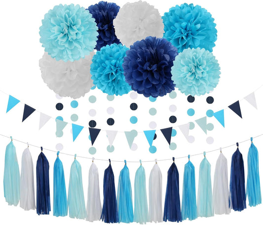 Light-Royal Navy-Blue White Pom-Poms Streamers - 30pcs Under The Sea Frozen Party-Decorations,Birthday Baby Shower Tissue Tassel Garland Banner, Bridal Wedding Engagement Decor Lasting Surprise
