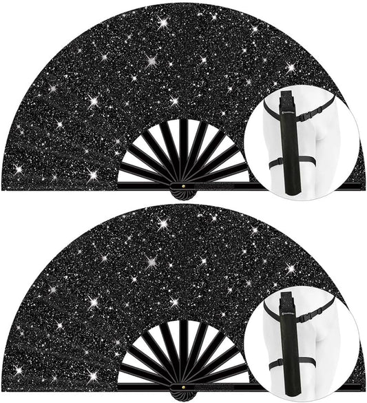 13" Large Folding Rave Fan with Holster, Clack Hand Fans Foldable for Line Dancing, Boots On The Ground Fan for Women Men Festival EDM Party Decoration, Glitter Black 2 Pack