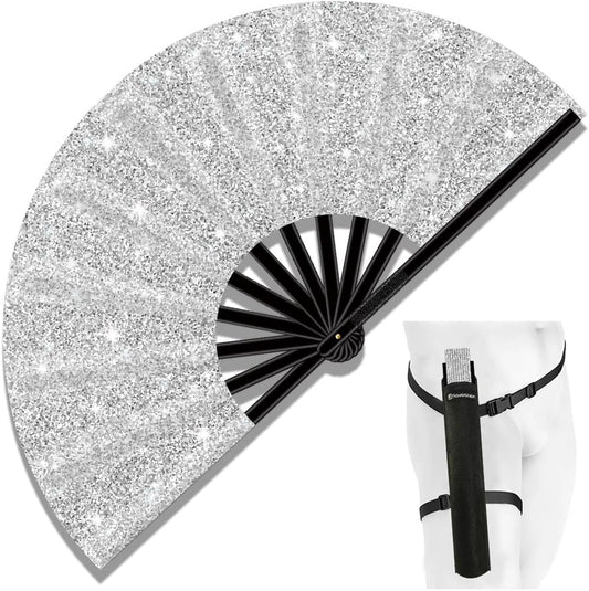 13" Large Folding Rave Fan with Holster, Clack Hand Fans Foldable for Line Dancing, Boots On The Ground Fan for Women Men Festival EDM Party Decoration, Glitter Silver