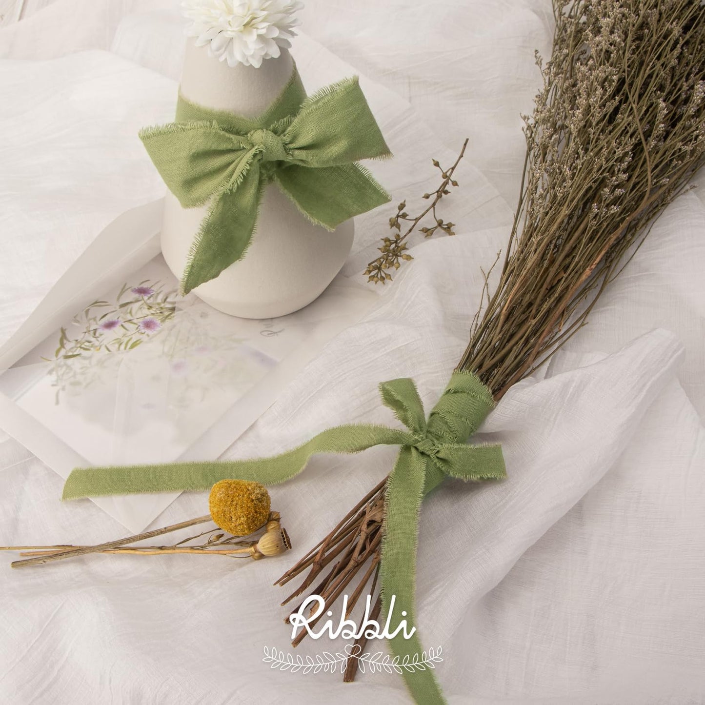 Ribbli 3 Rolls Sage Green Ribbon 1.5 Inch x 18Yards Handmade Cotton Frayed Fringe Ribbons for Gift Wrapping Wedding Invites Bridal Bouquets Baby Shower DIY Crafts Home Decor