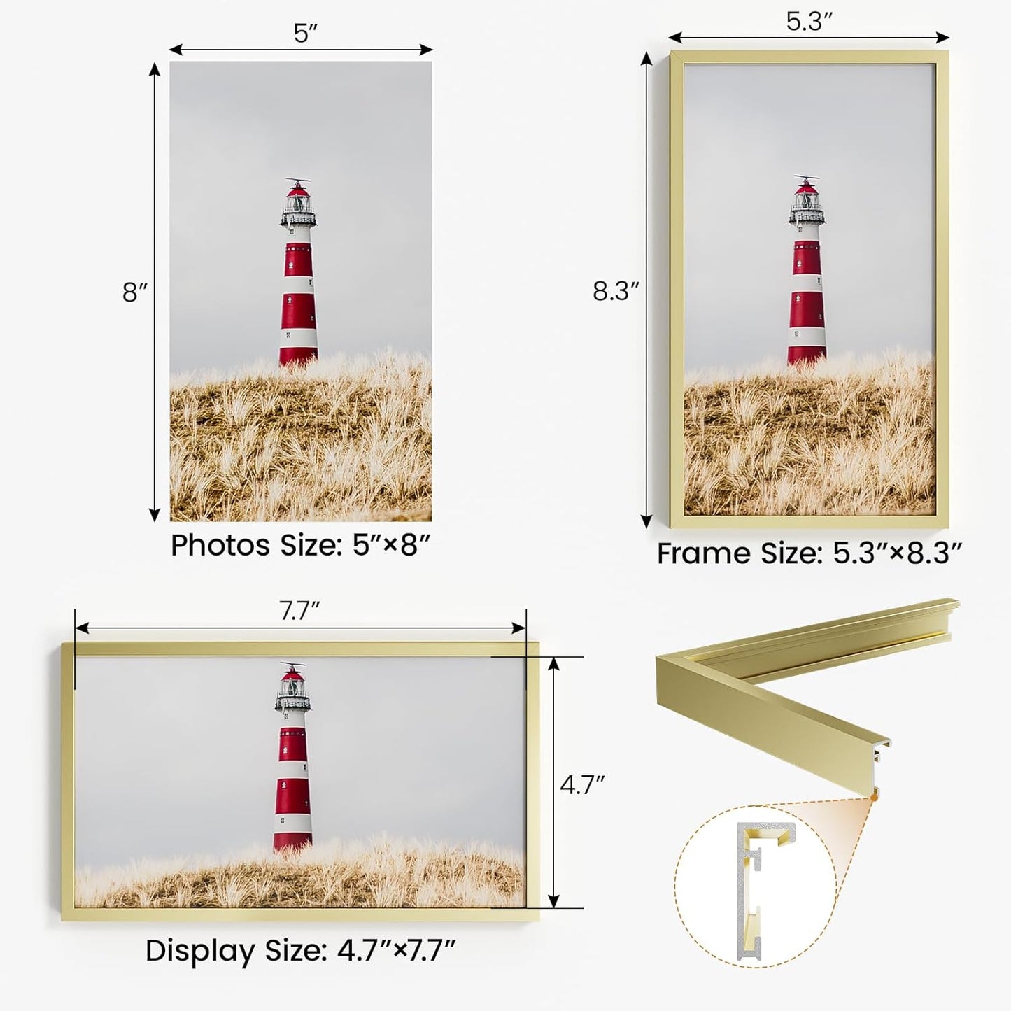 5x8 Aluminum Metal Picture Frame,Tempered Glass Gold Photo Frame 5x8 for Family Photo,Posters,Art,Document to Wall Mount Horizontally or Vertically