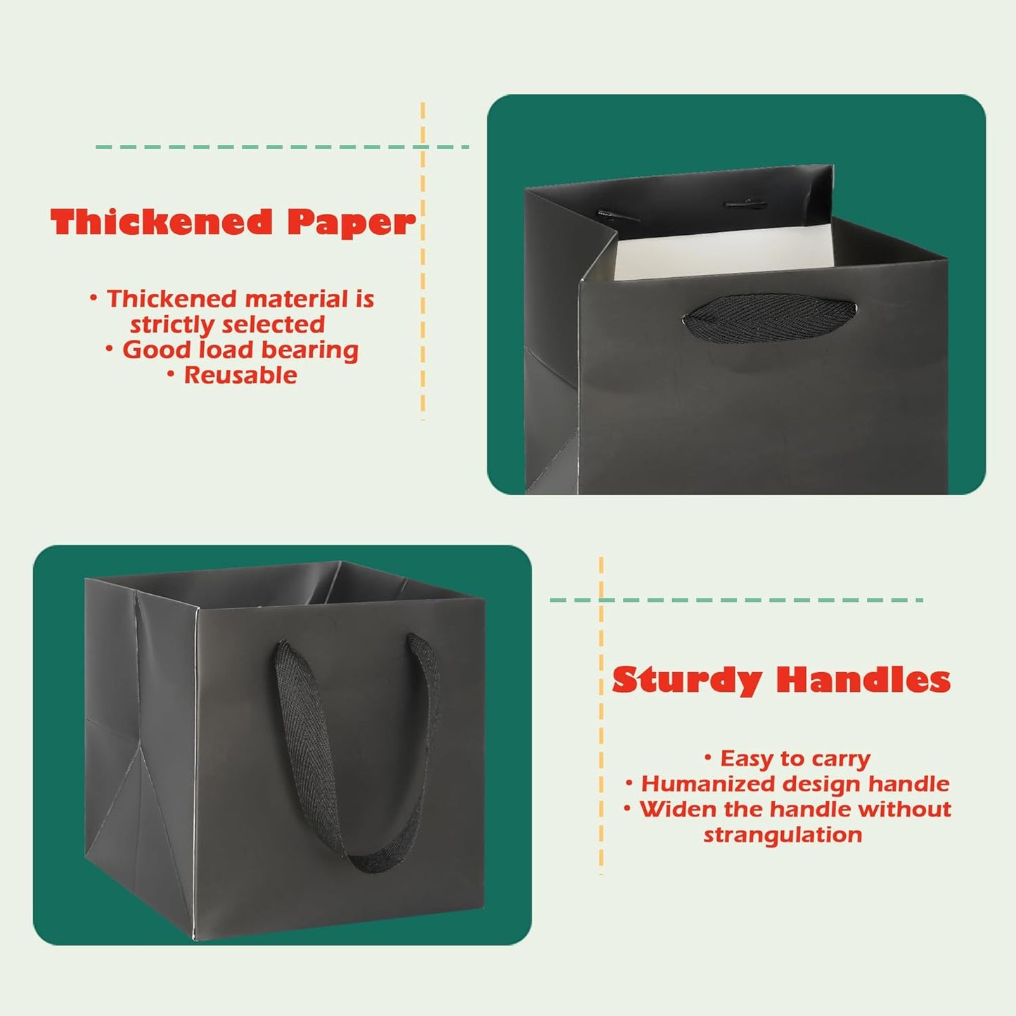 ADIDO EVA Black Square Gift Bags Mini Size Square Bottom Paper Bags with Handles for Party Favor (4x4x4 In, 10 CT)