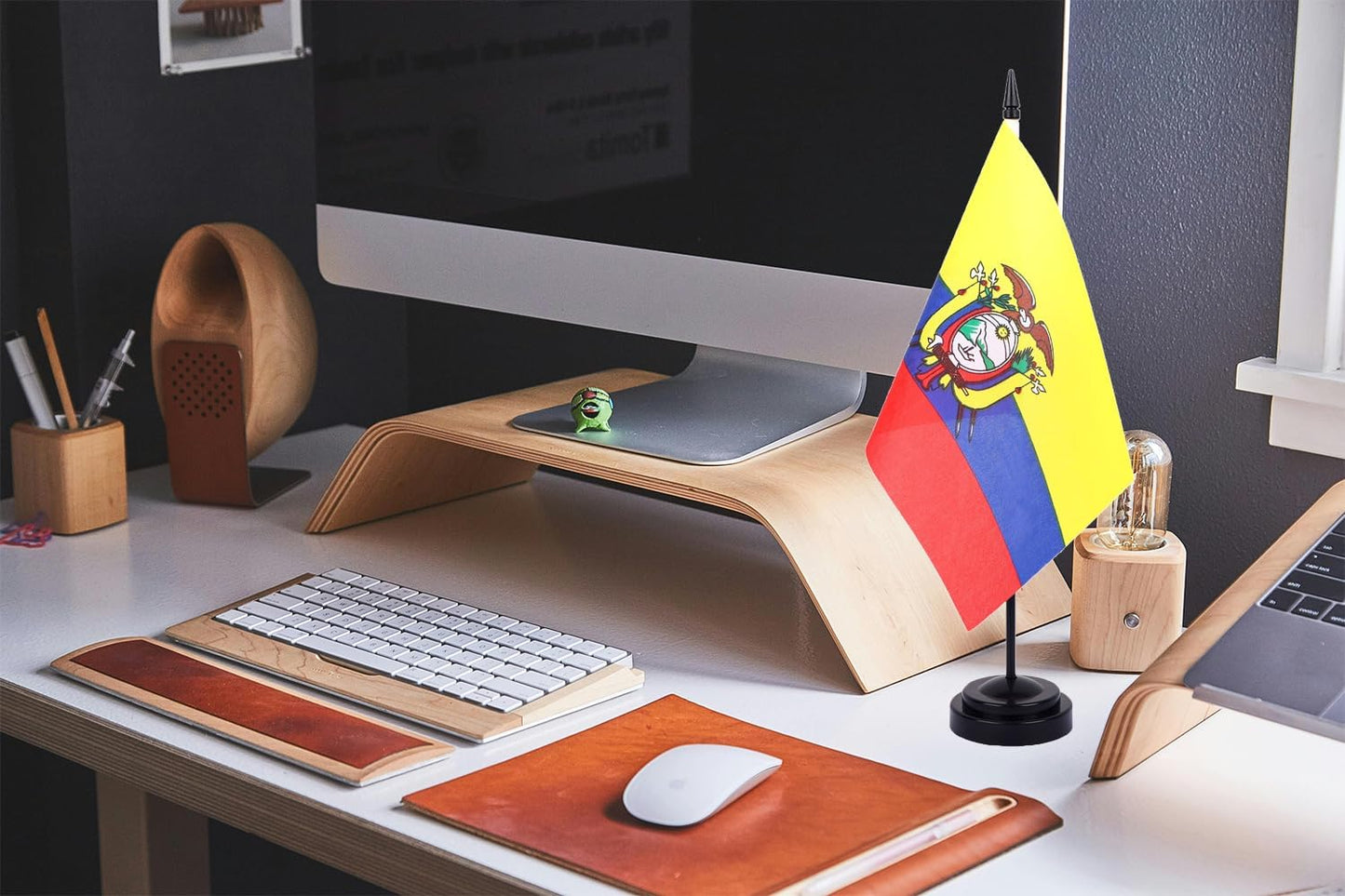 WXTWK 2 Pack Ecuador Flag Ecuador Deluxe Desk Flag Set - Mini Small Ecuadorians Table Office Flags with Black 12" Solid Pole Stand Base Classroom Meeting Desktop Decorations
