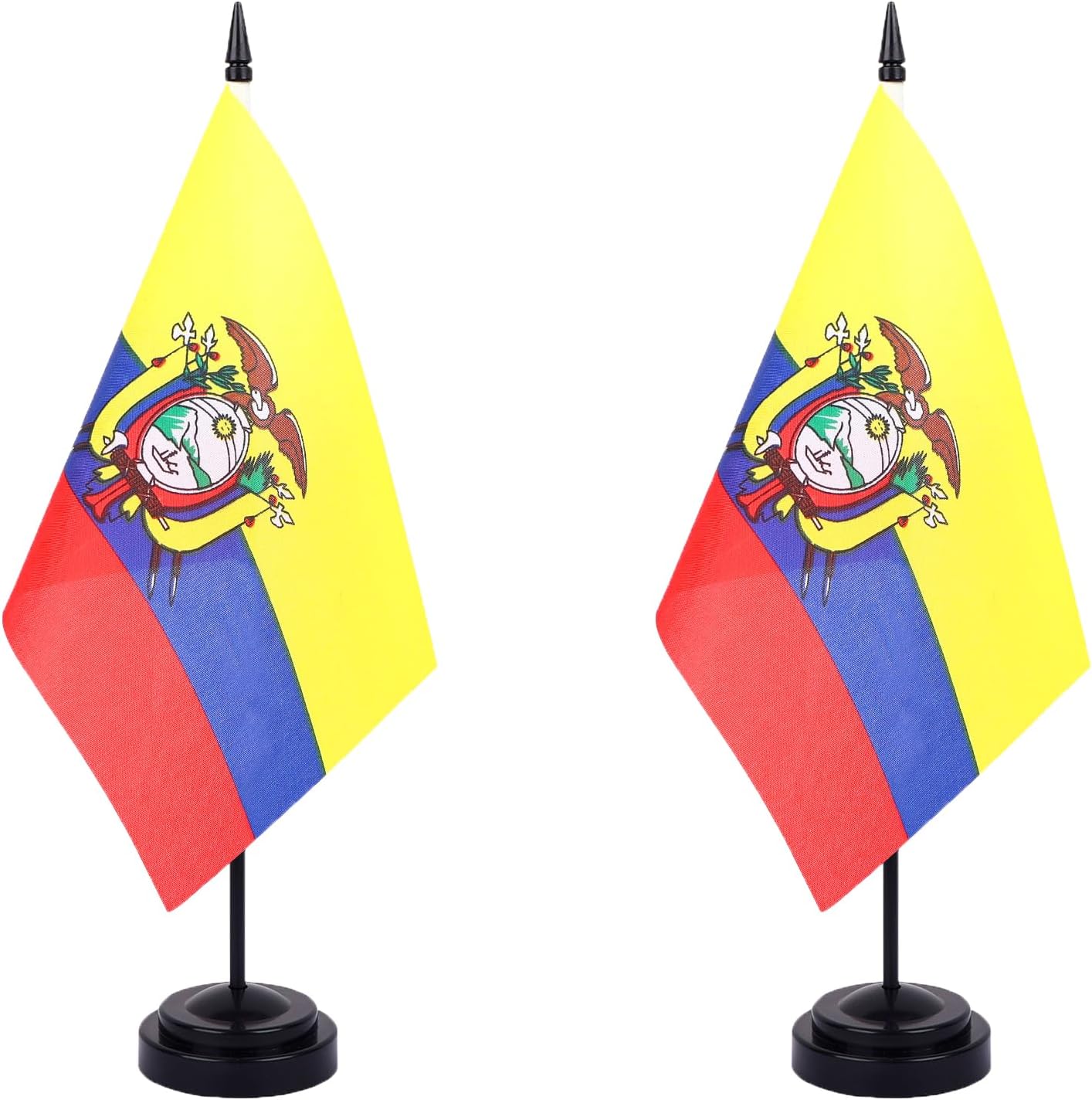 WXTWK 2 Pack Ecuador Flag Ecuador Deluxe Desk Flag Set - Mini Small Ecuadorians Table Office Flags with Black 12" Solid Pole Stand Base Classroom Meeting Desktop Decorations