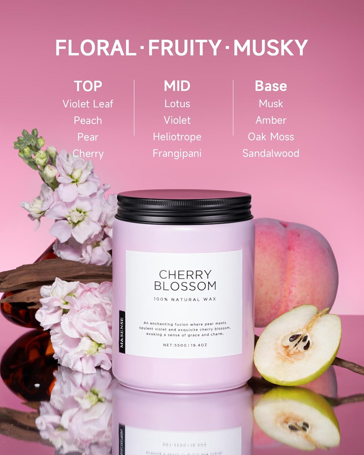 M&SENSE Cherry Blossom Scented Spring Candle, 19.4oz 110 Hours Long Lasting Natural Soy Wax Stress Relief Aromatherapy Romantic Candle for Women & Bedroom Decor