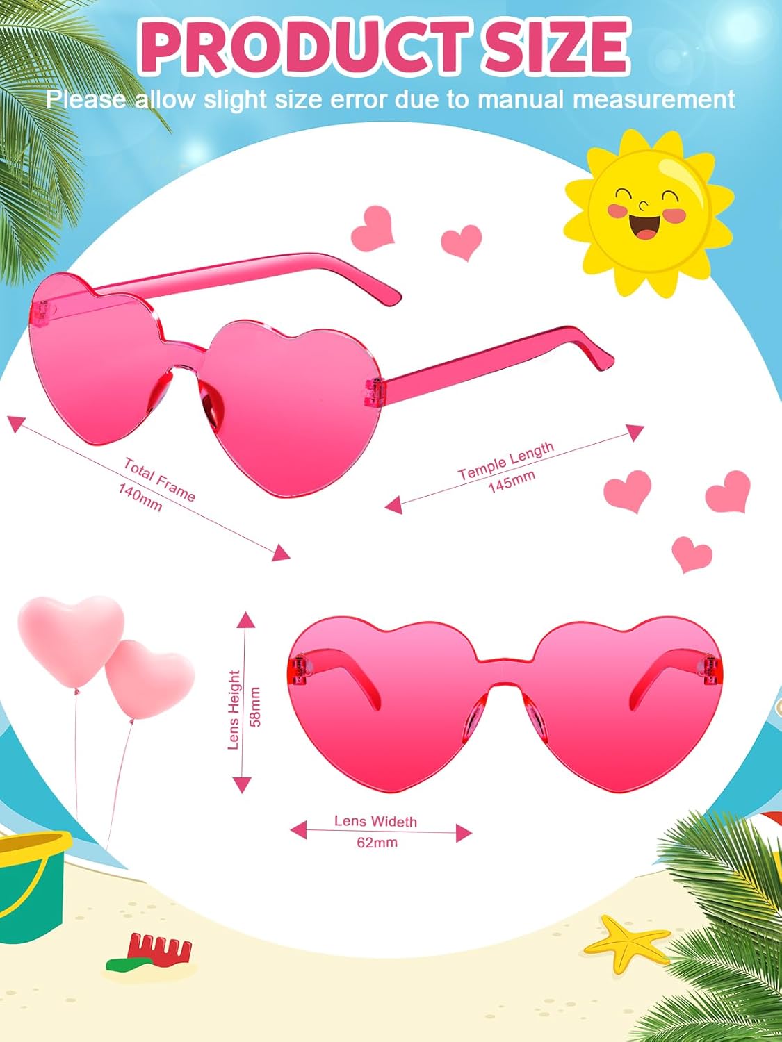 12 Pairs Heart Shaped Sunglasses for Women Colorful Glasses Fun Trendy Transparent Heart Sunglasses Party Favor (1 Pair-Rose)