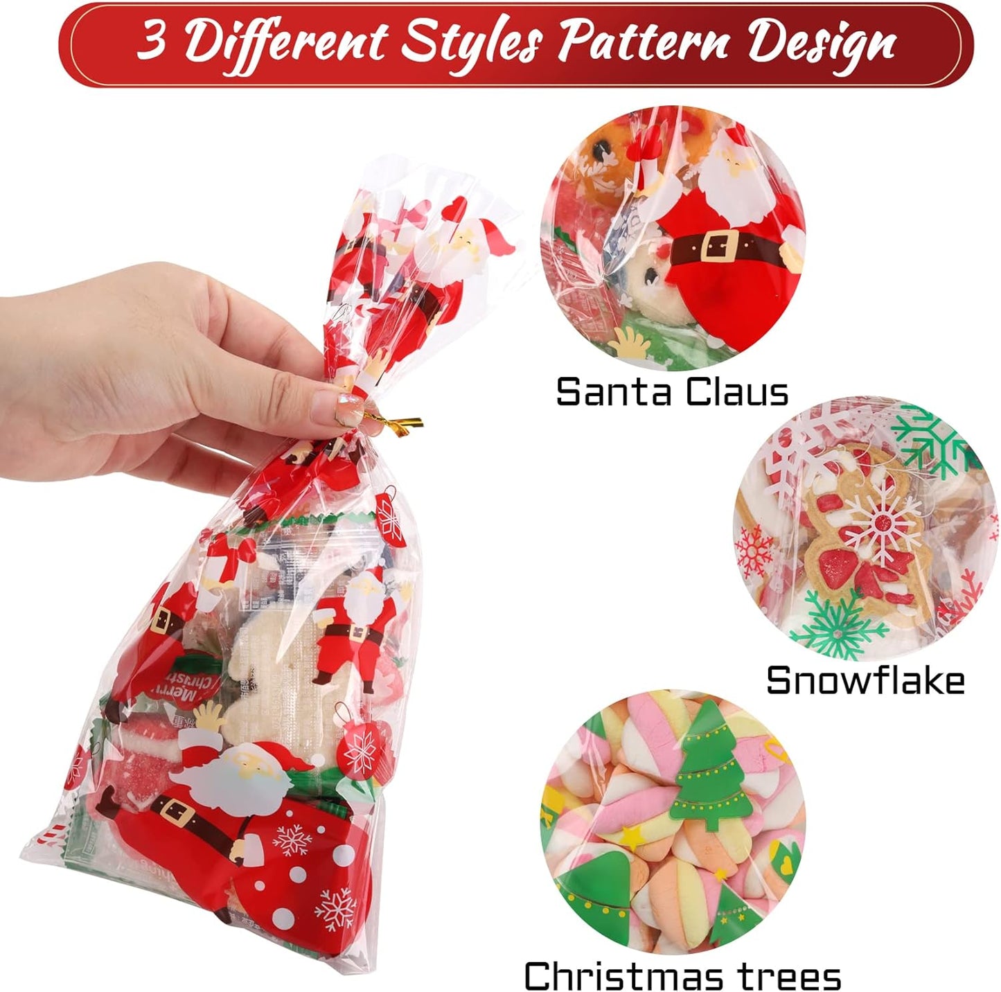 LOKIQNG 150PACK Christmas Cellophane Bags Treat Cookie Gift Bags with Twist Ties for Christmas Party Favors(150PACK, 5x10inch)