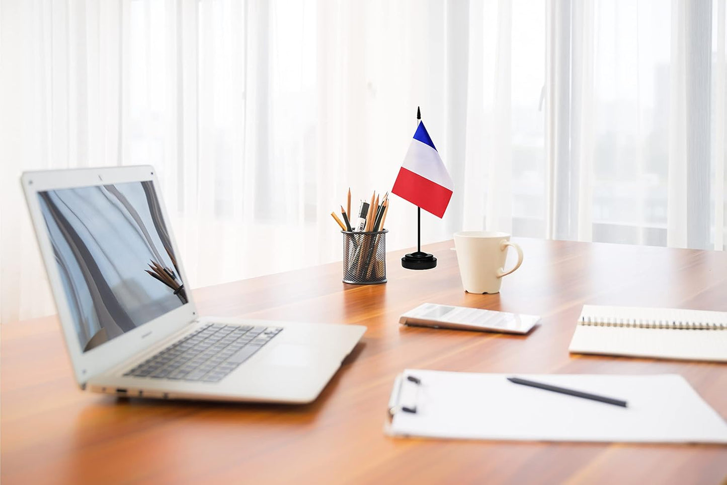 France French Deluxe Desk Flag Set, Small Mini Miniature France French Table Desktop Flags With Solid Pole, Black Base and Spear Top(2 Pack)