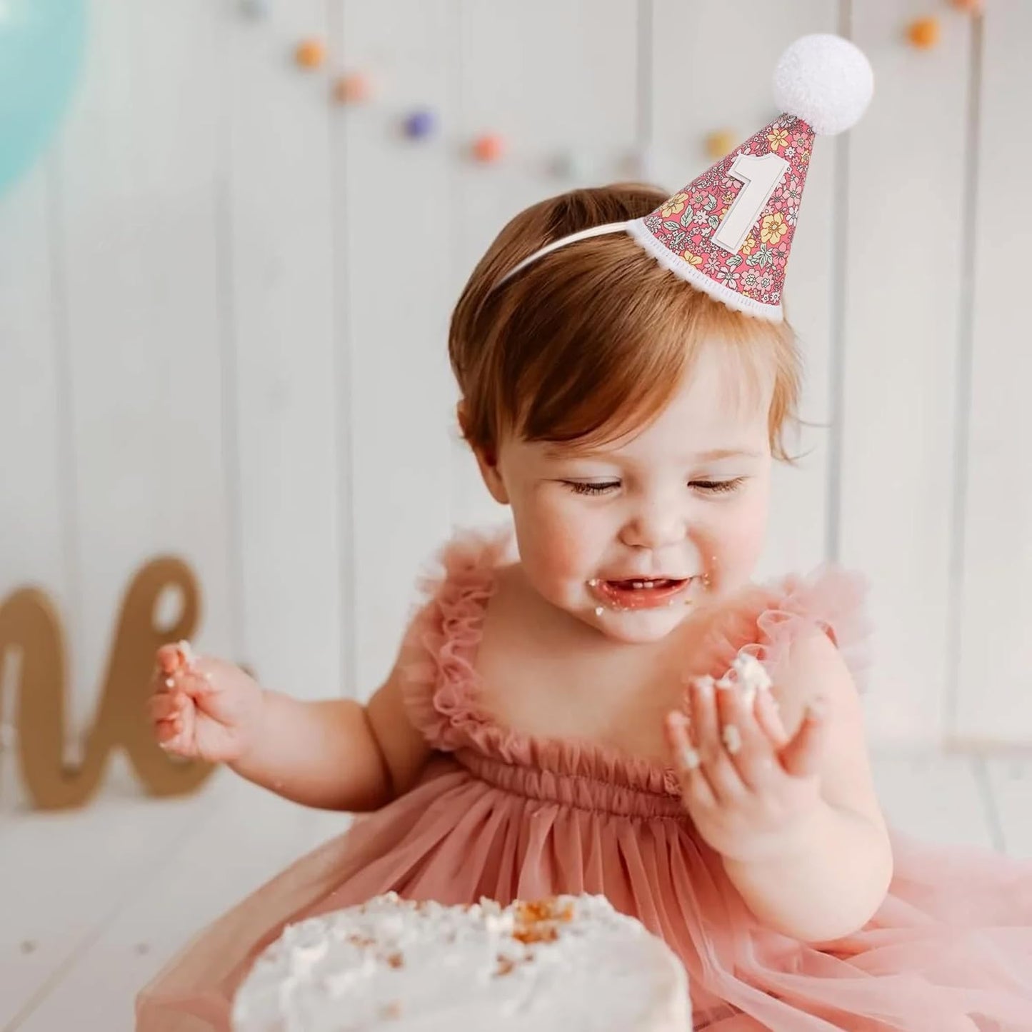 WAUAO Floral 1st Birthday Hat - Colorful Flower Cone Hat for Girls & Boys, First Birthday Crown, Party Photo Prop