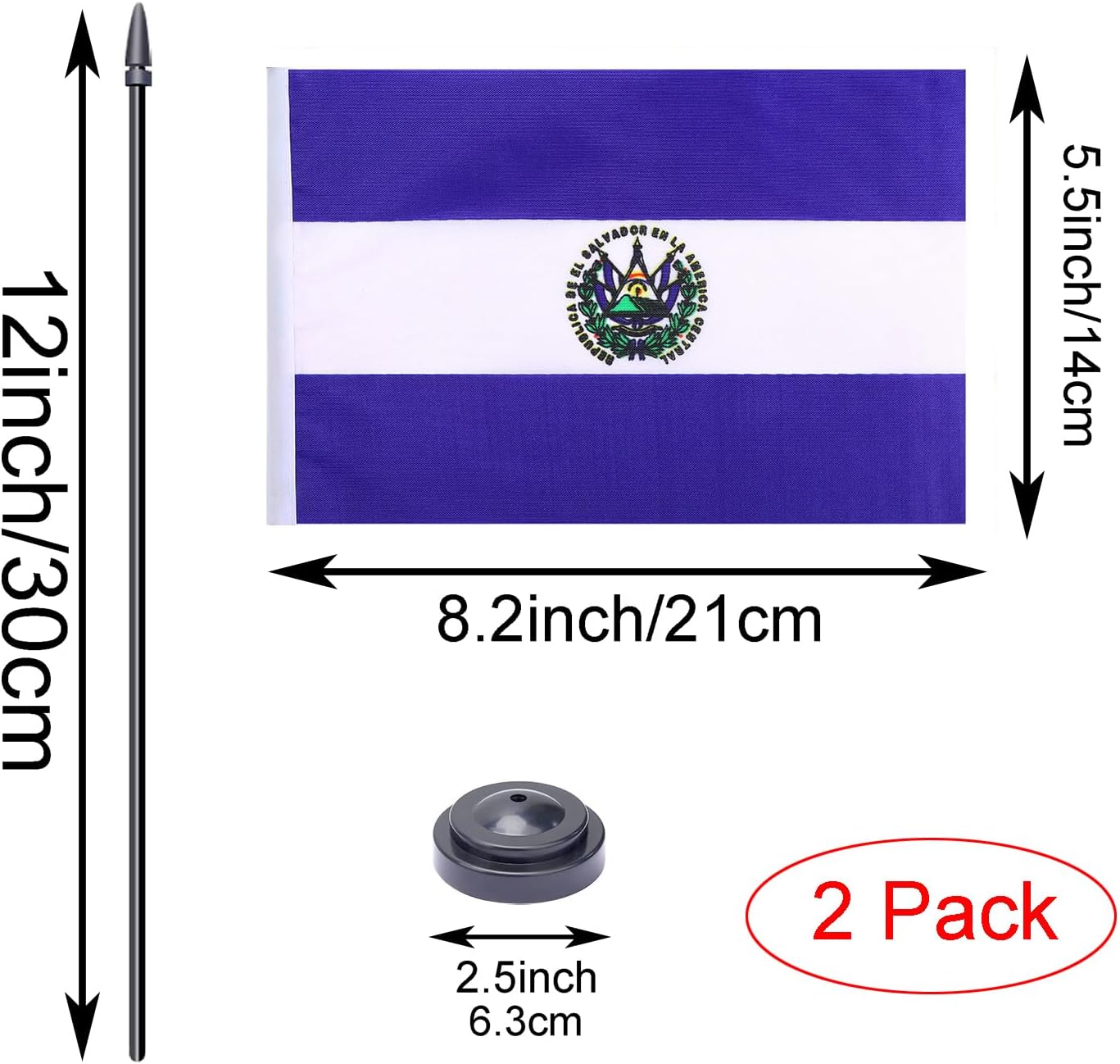 WXTWK 2 Pack Salvador Flag Salvador Deluxe Desk Flag Set - Mini Small El Salvador Table Office Flags with Black 12" Solid Pole Stand Base Classroom Meeting Desktop Decorations