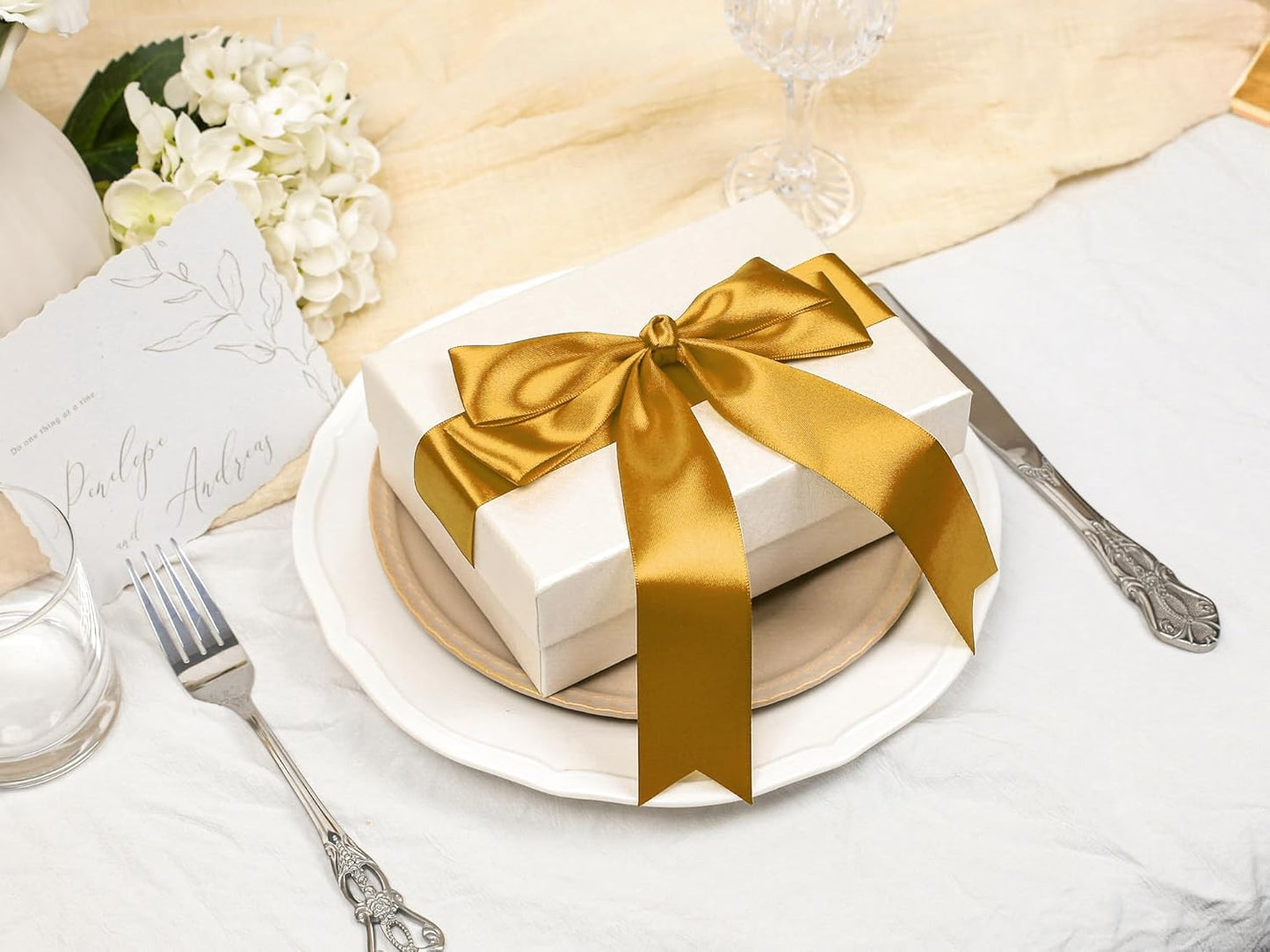 Gold Satin Ribbon 1-1/2 inch X Continuous 25 Yards, Single Face Polyester Ribbon Perfect for Gift Wrapping, Flower Bouquet, Wedding Decor, Crafts, Bow Making, Sewing and More