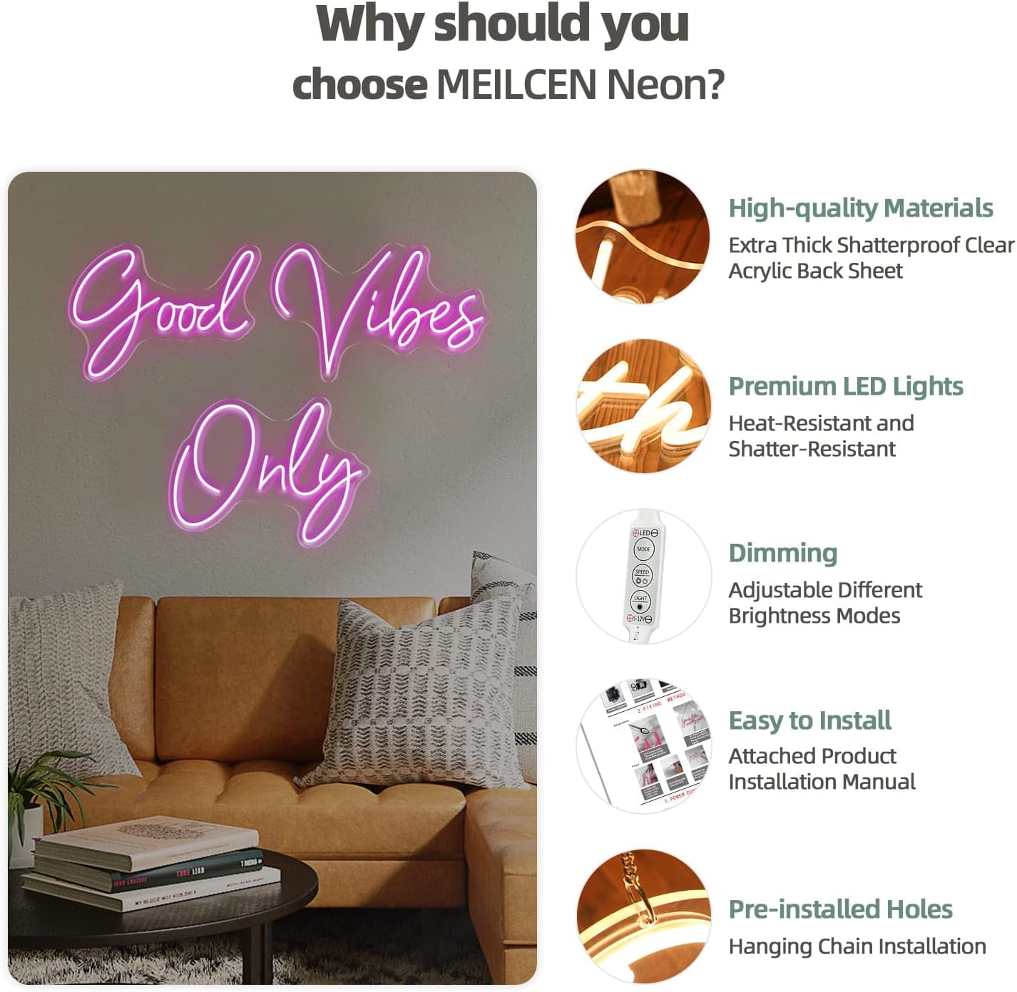 Good Vibes Only Neon Signs for Wall Decor -56.57" x 13.5" Pink large Neon Sign LED Art Decorative Lights with Dimmable for Bedroom Home, Club Bar and Party Decor