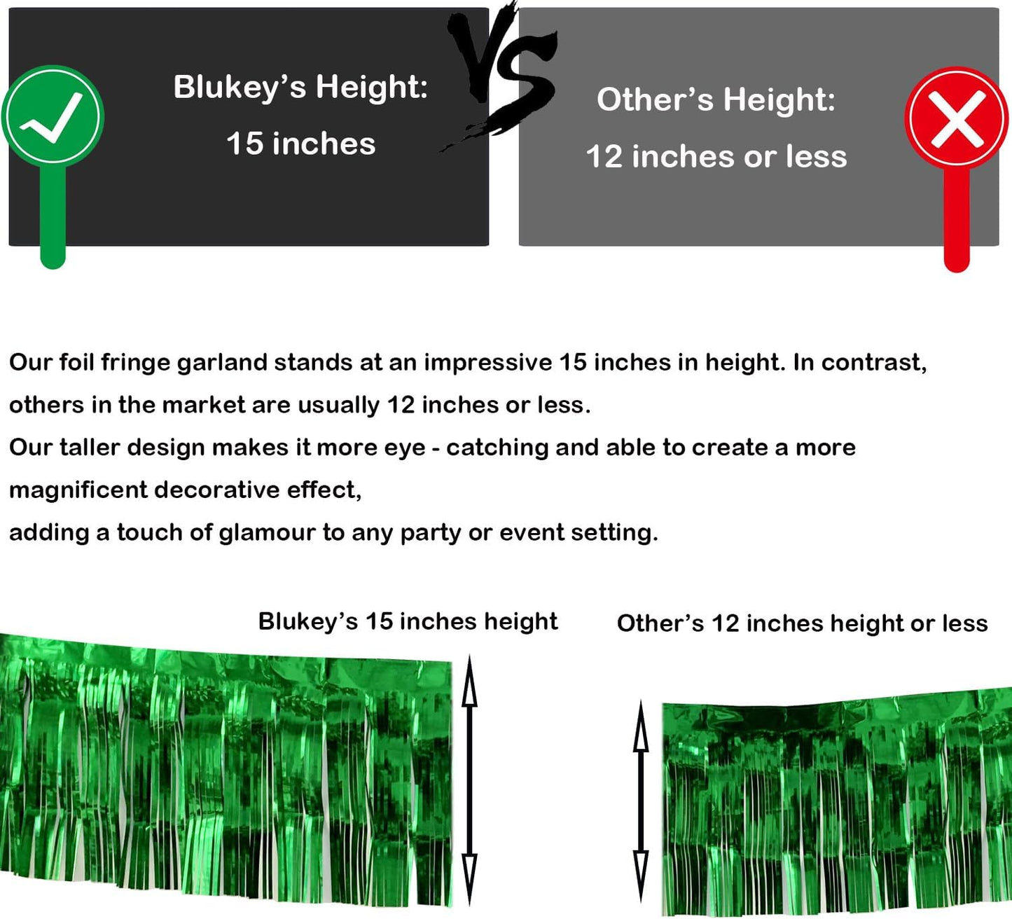 Thick 10 feet by 15 inches Green Foil Fringe Garland - Pack of 3 | Shiny Metallic Tassle Banner for Car Parade Floats, Wedding, Birthday | Wall Hanging Fringe Garland Banner (Green)