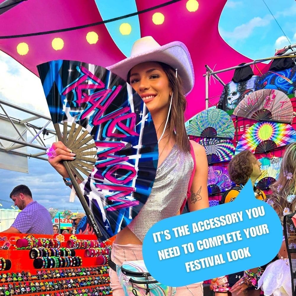 Kandies World UV Reactive Custom Festival Folding Hand Fan - Unique Designs, Made of Bamboo, Clacking Sound, Lightweight - Perfect Rave and Festival Accessory!