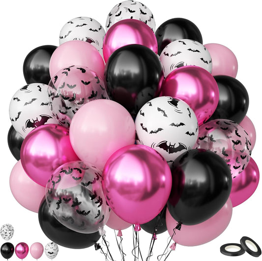 Pink Halloween Balloons Set, 50PCS 12 Inch Bat Confetti Balloon Pastel Metallic Pink and Black Party Balloon Bat Printed Helium for Girls Adults BOO Halloween Birthday Party Decorations Indoor Outdoor