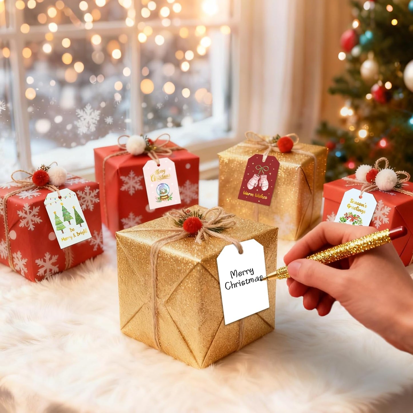 96 Pcs Christmas Gift Tags, Watercolor Christmas Hanging Tags Label Gold Foil with Hemp Rope Xmas Present Tag for DIY Xmas Holiday Present Wrapping Decorations, 6 Styles