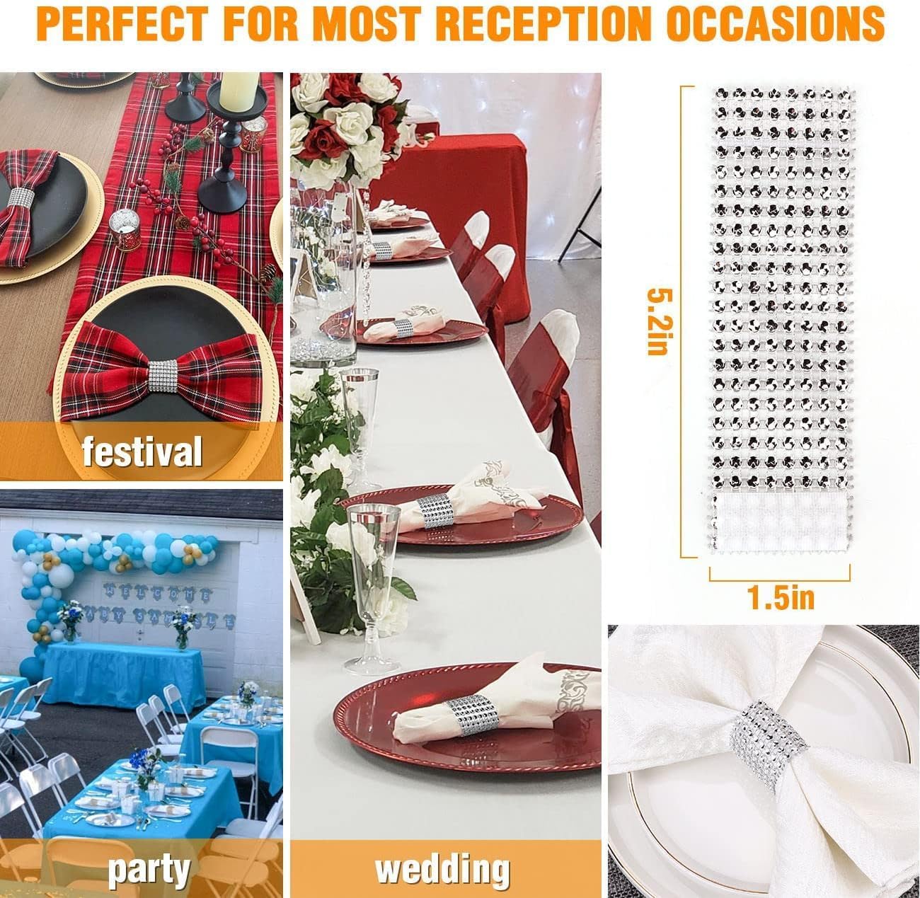 Rhinestone Napkin Rings 300pcs,Wedding Diamond Bling Crystal Napkin Rings for Wedding Reception, Dinner, Place Settings, Holiday Parties or DIY Decoration (300,Silver)