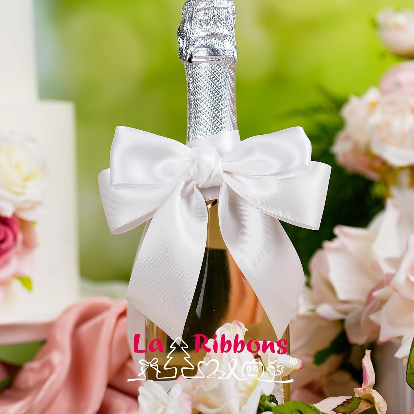 LaRibbons White Ribbon 1 1/2 Inch 25 Yards Double Faced White Silk Ribbon for Flower Bouquet Crafts Gift Wrapping Wedding Party Decoration