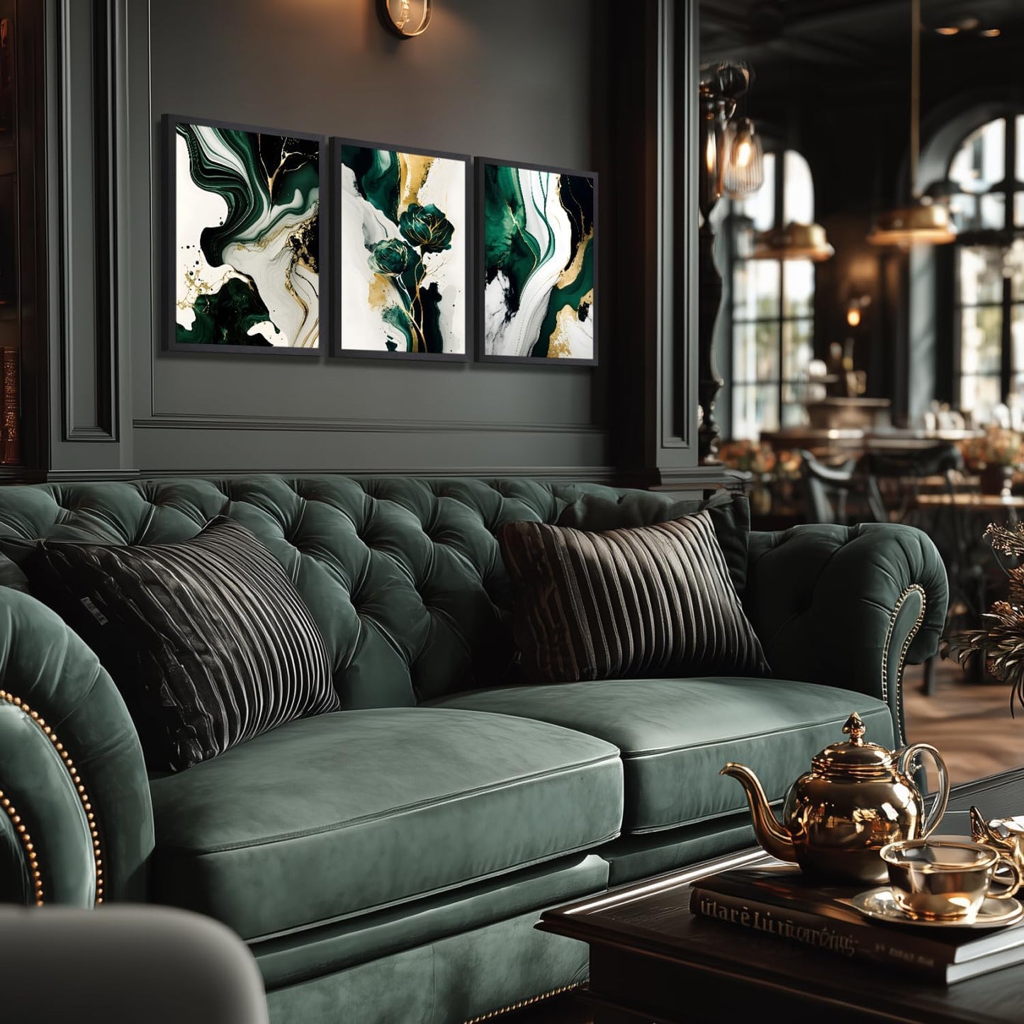 IAFWZX Wood Framed Green Gold Abstract Wall Art, Emerald Marble Textured Wall Decor, Contemporary Line Flower Canvas Paintings, Abstract Floral Poster Prints for Living Room Bedroom Office 12"x16"x3