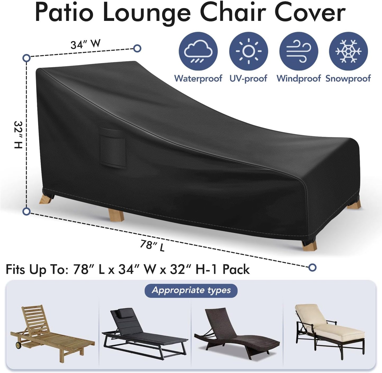 Chaise Lounge Covers Outdoor Waterproof, Heavy Duty Patio Furniture Covers, Fits up to 78L x 34W x 32H inches, 2 Pack, Black