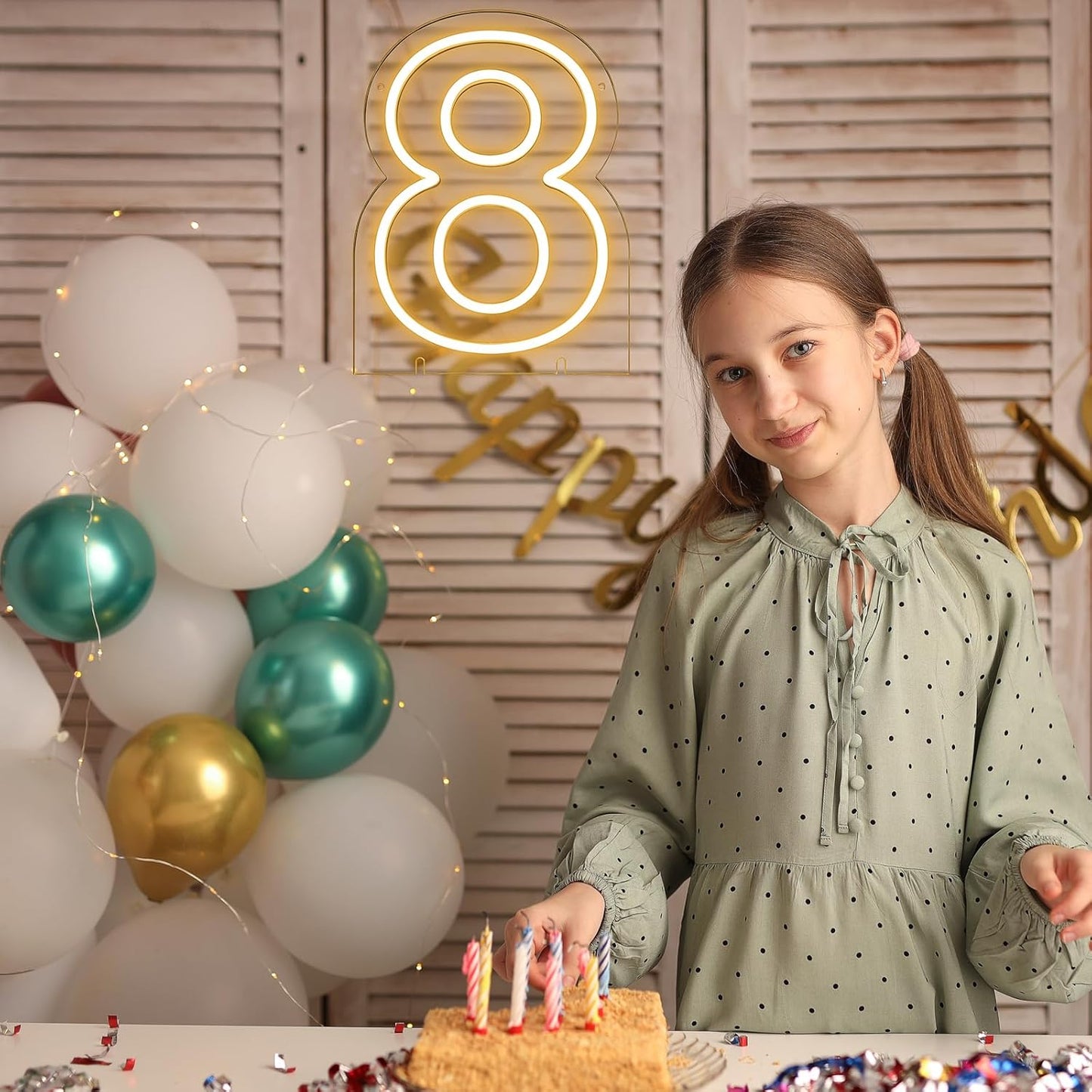 Number 8 LED Neon Sign Backdrop Birthday Party Decoration, 11.3" Height Warm White Marquee Number Eight Light Up Sign for Wedding Anniversary Window Wall Table, Indoor Battery Operated or USB