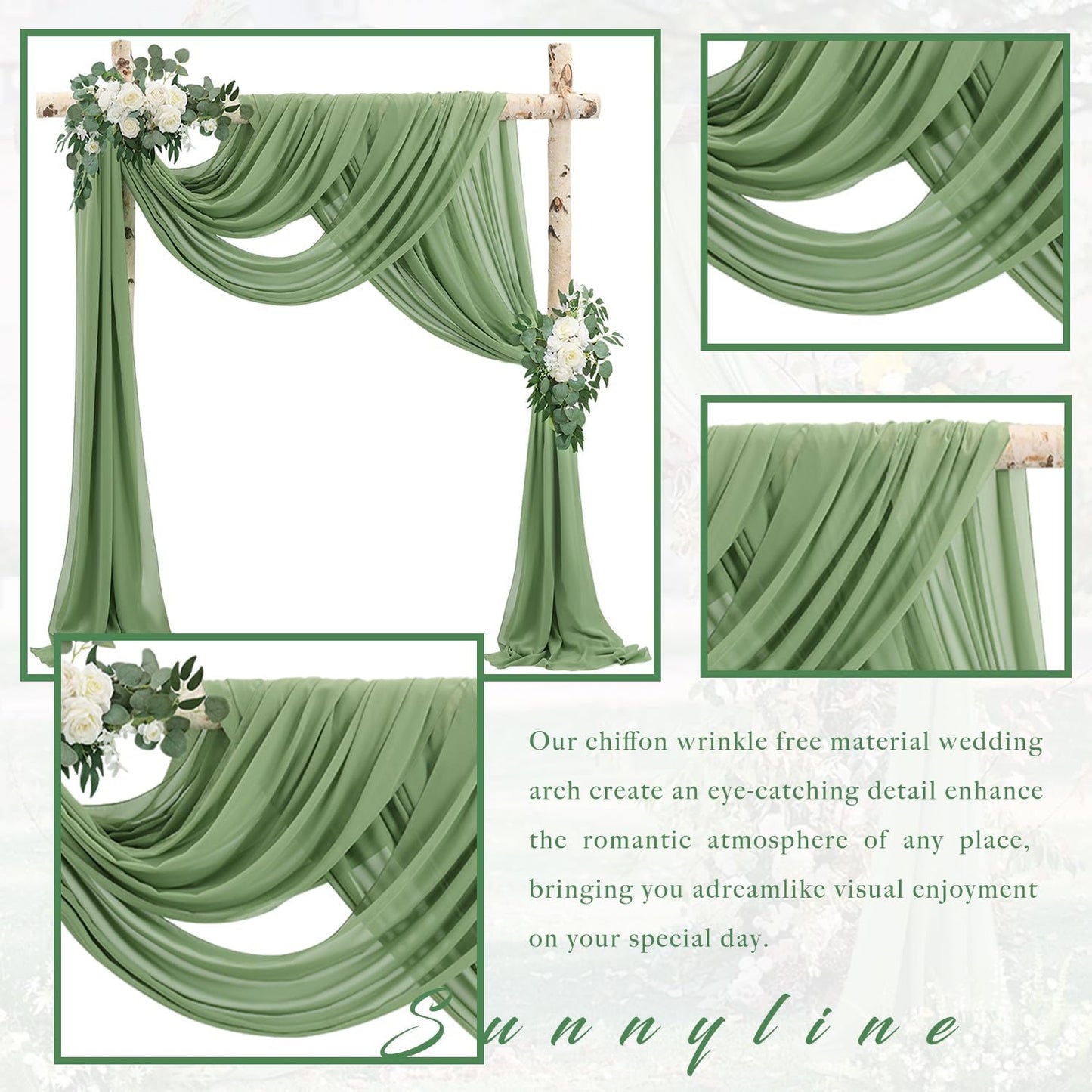 Wedding Arch Draping Fabric 2 Panels 20Ft length x 28" width Sage Green Arch Drapes Chiffon Fabric Sheer Curtains Backdrop for Party Bridal Decorations Wedding Ceremony Ceiling Stage Reception Decor