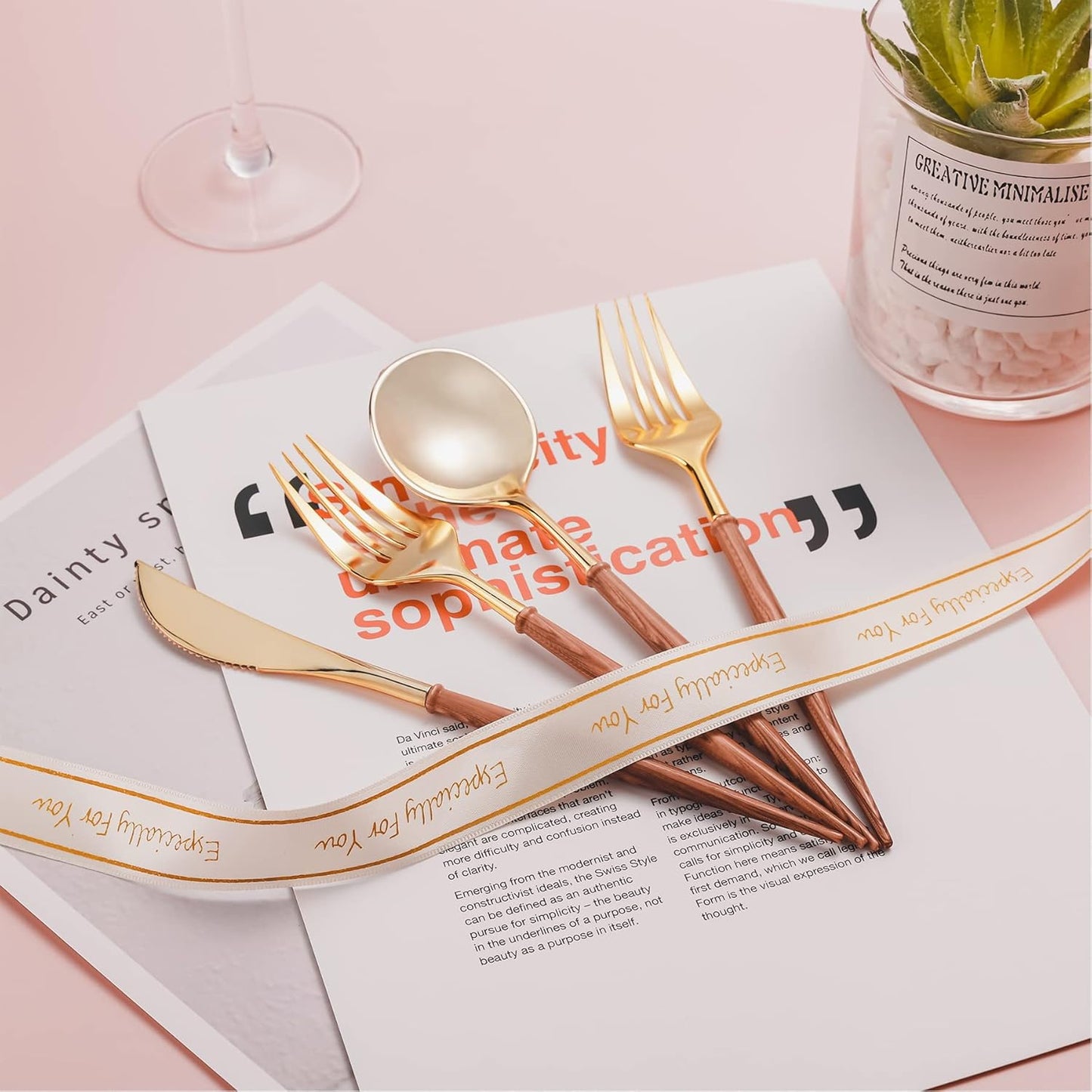 Lullaby 120PCS Gold Plastic Silverware, Gold Disposable Cutlery with Wood Grain Handle Include 40 Forks, 40 Spoons, 40 Knives, Elegant Disposable Silverware for Wedding, Party, Gathering, Daily Use