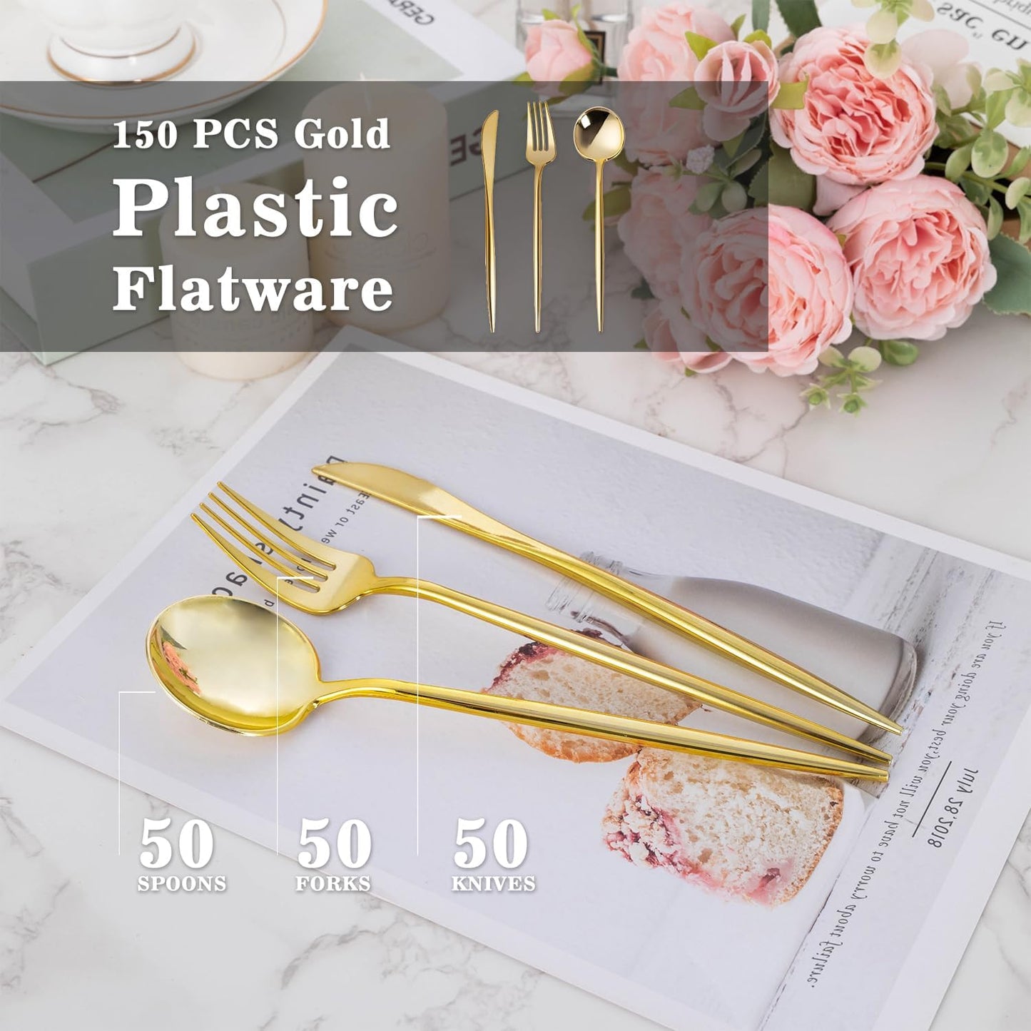 150PCS Gold Plastic Silverware,Heavy Duty Disposable Utensils Include 50 Forks,50 Spoons and 50 Knives,Gold Cutlery Plastic Silverware Sets for Party, Birthday,Wedding