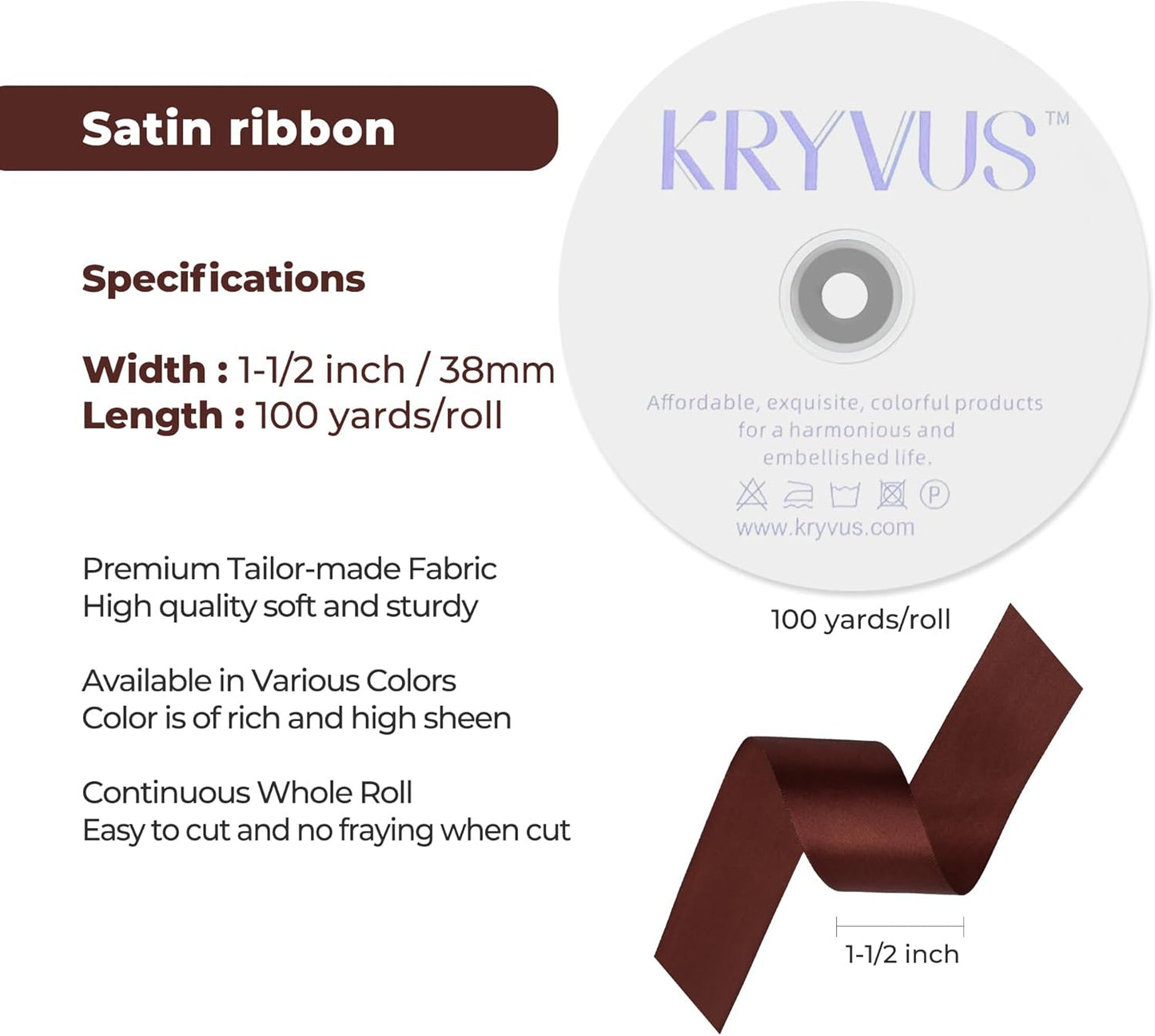 Coffee Brown Satin Ribbon 1-1/2 inch X Continuous 100 Yards, Single Face Polyester Ribbon Perfect for Gift Wrapping, Flower Bouquet, Wedding Decor, Crafts, Bow Making, Sewing and More