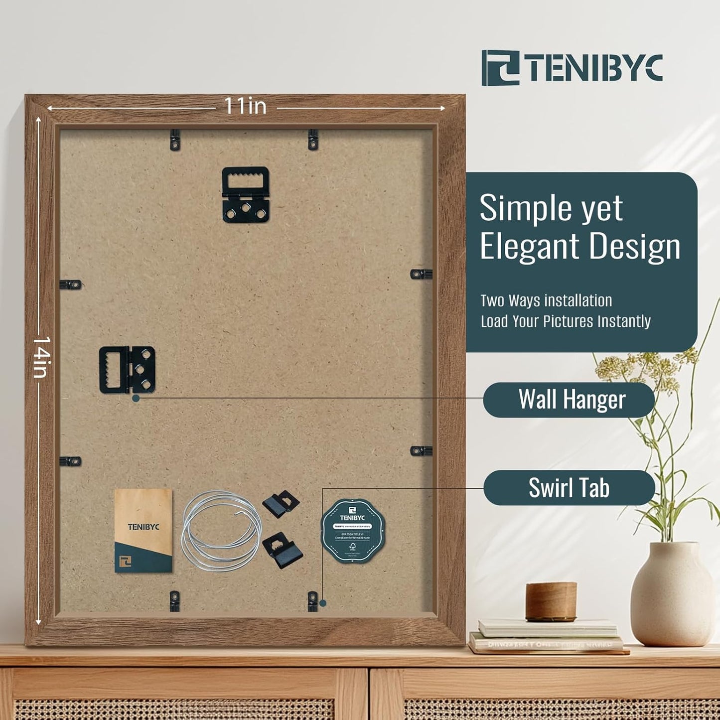 11x14 Picture Frame Walnut - 4 Pack, Brown Wood Grain Photo Frame, HD Tempered Glass, Display 11x14 or 14x11 Photos, Wall Hanging