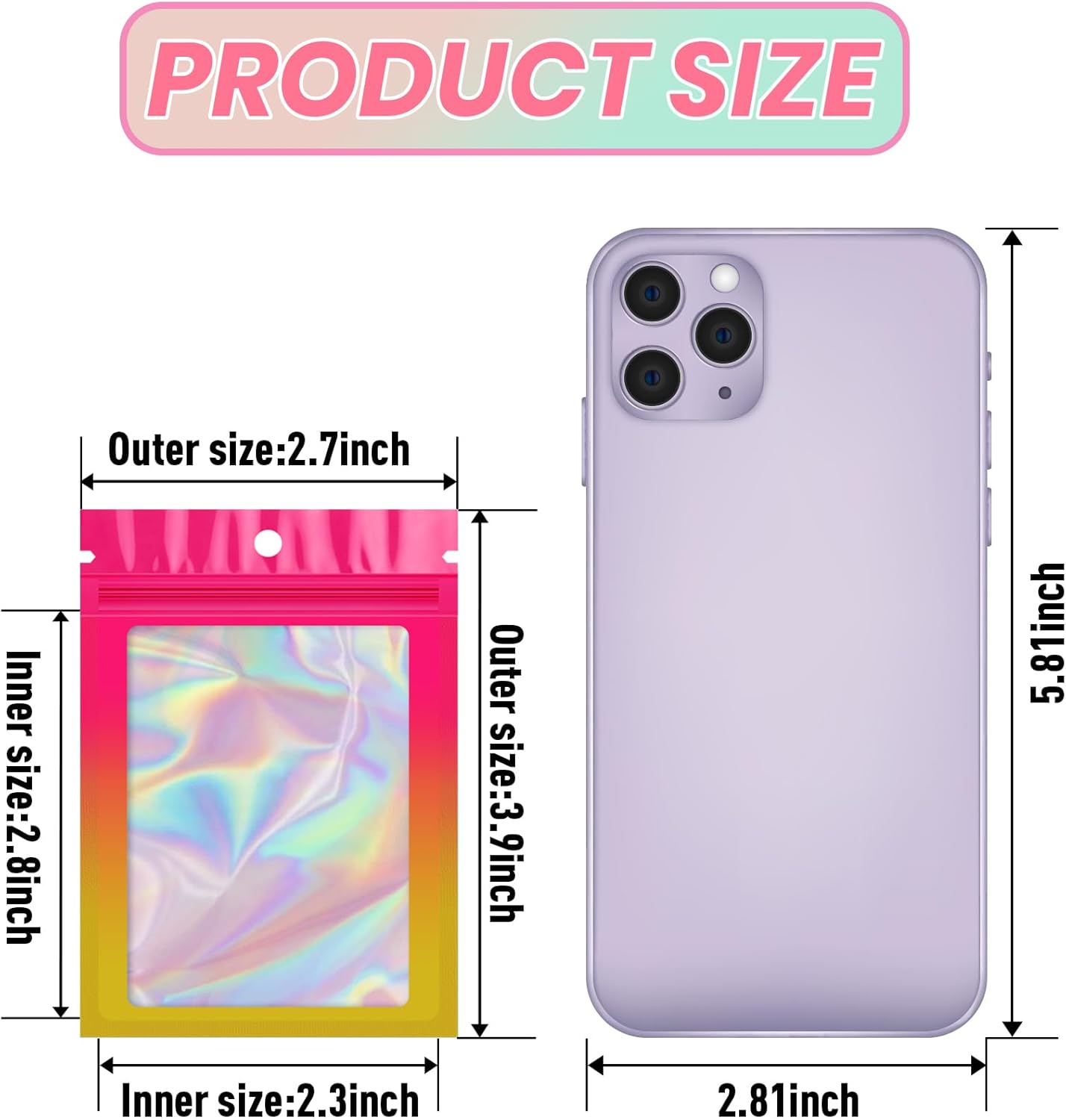 Funfery 100 Pack Gradient Holographic Bags,Mylar Resealable Bags with Zipper,Clear Window Packaging Pouchs,Smell Proof Bag for Food Storage,Sample Jewelry Bag(2.7x3.9In,Hot Pink Orange)