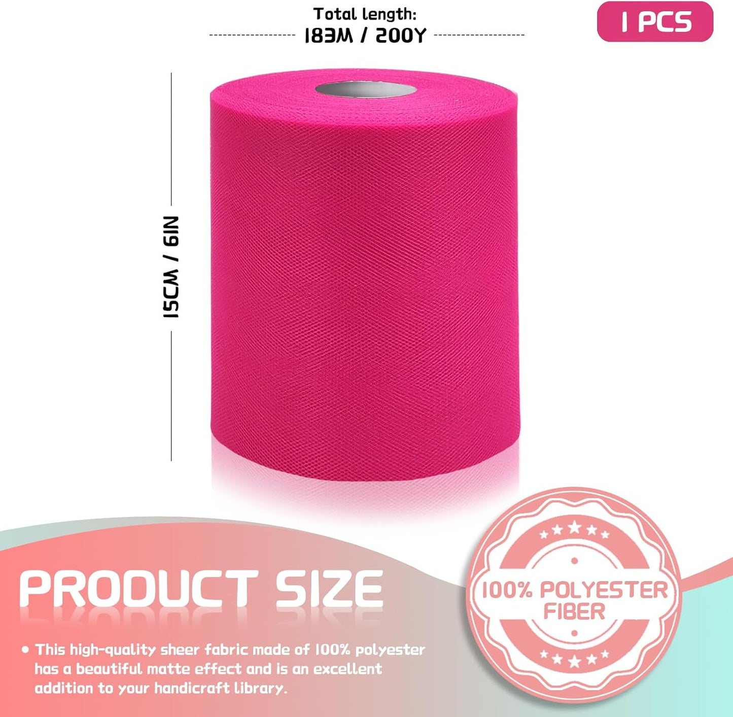 6" x 200 Yards Fuchsia Tulle Fabric Rolls, Hot Pink Spool Tulle Ribbon for DIY Tutu Skirt Wedding Decoration Baby Shower Birthday Party Backdrop Gift Wrapping Bow Craft Supplies