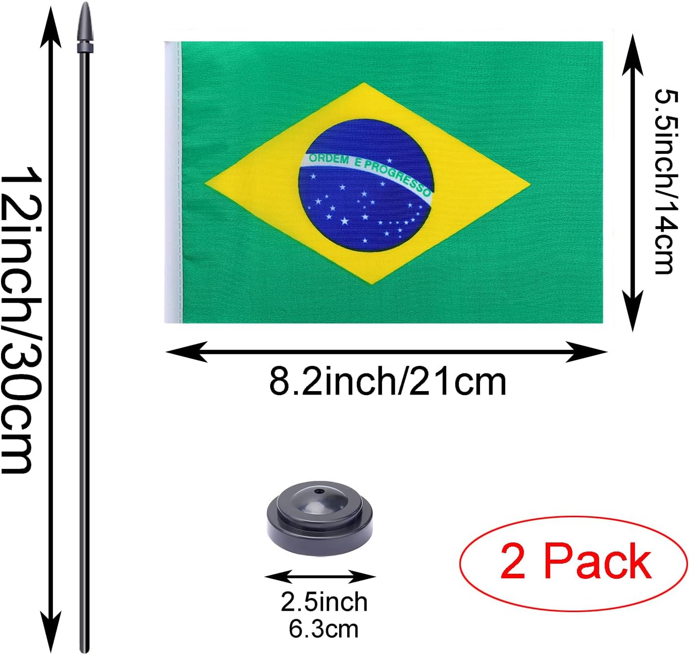 WXTWK 2 Pack Brazil Flag Brazil Deluxe Desk Flag Set - Mini Small Brazilian Table Office Flags with Black 12" Solid Pole Stand Base Classroom Meeting Desktop Decorations
