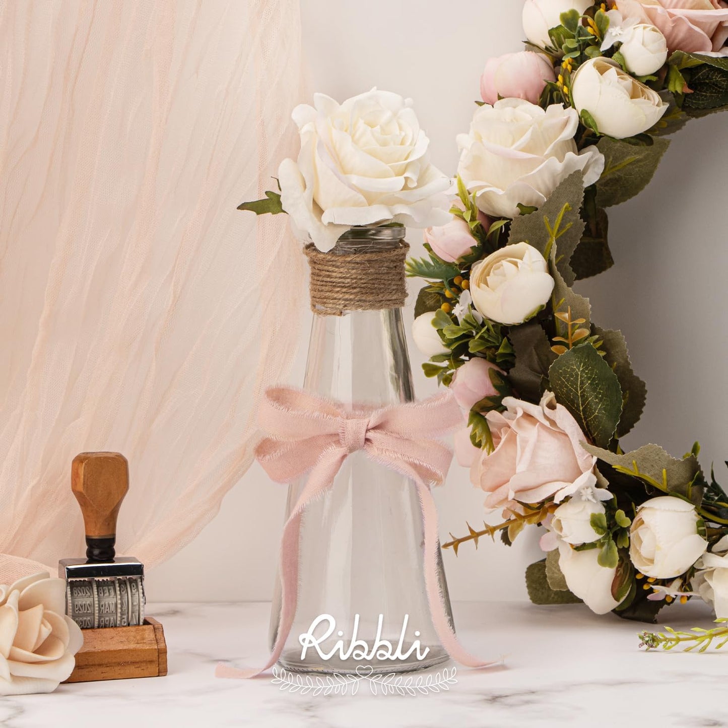 Ribbli 3 Rolls Pink Ribbon 5/8 Inch x 18Yards Ivory Blush Dusty Pink Handmade Cotton Frayed Fringe Ribbons for Gift Wrapping Wedding Invites Bridal Bouquets Baby Shower DIY Crafts Home Decor