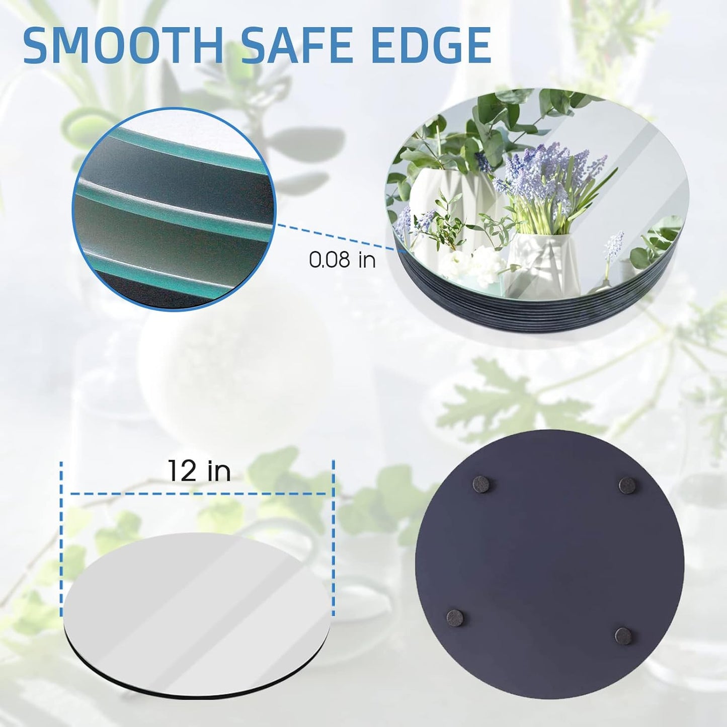 VASUHOME 12" Round Mirror Centerpieces for Tables, Glass Circle Mirror Plates with Smooth Edge and Cushioned Feet, Ideal for Wedding and Party Decorations, 2mm Thick