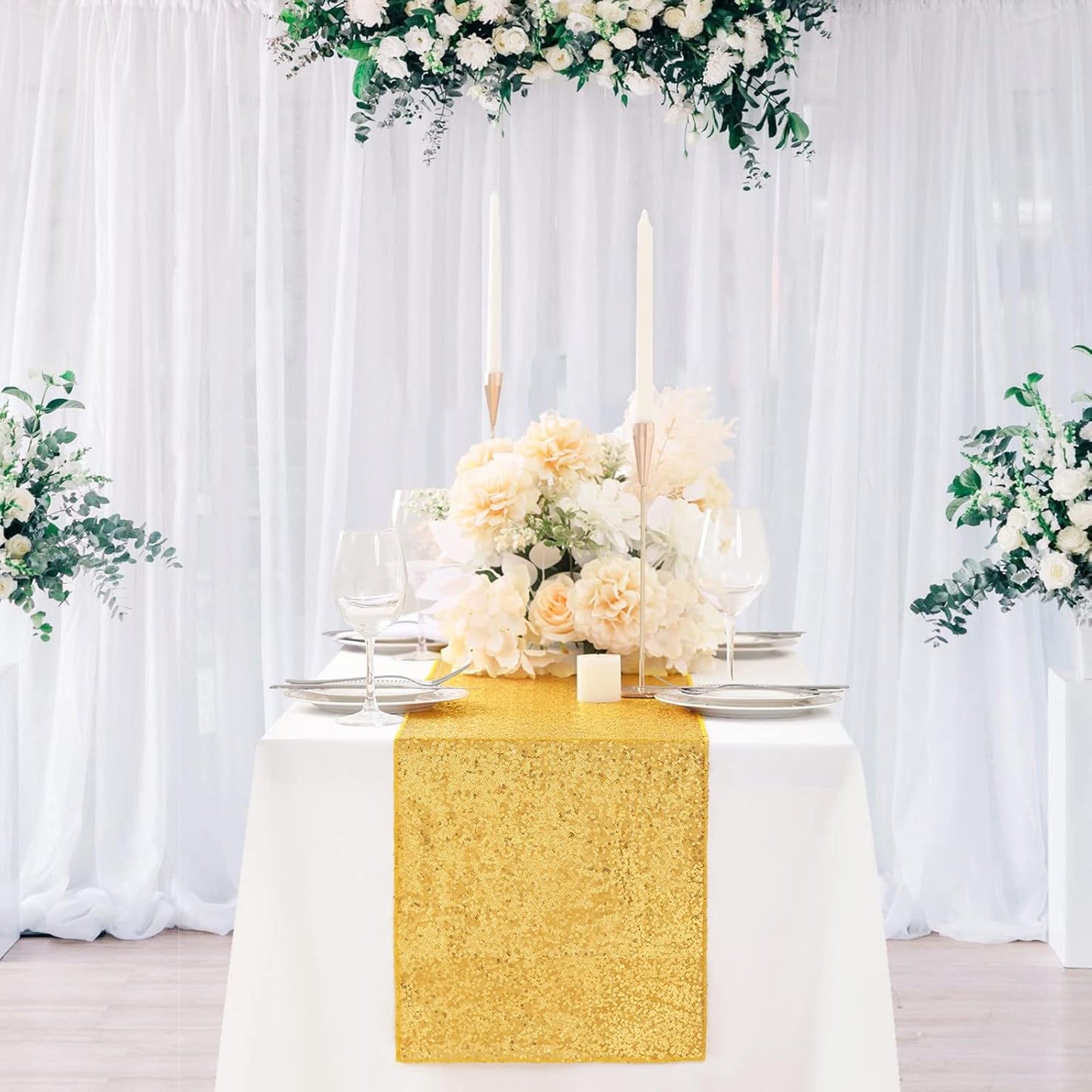 Sequin Table Runners 5 Pieces Gold Table Runners 12x72 Inch Glitter Dining Table Cover for Party Wedding Birthday Reception Banquet Decoration Spring Party Chair Sashes